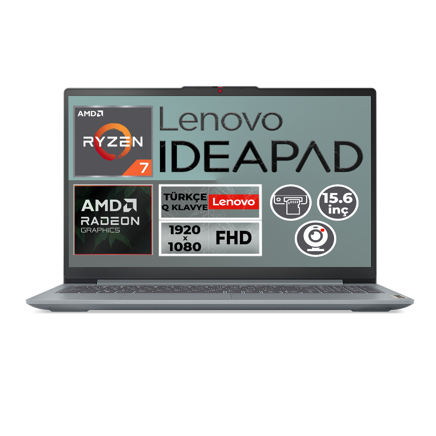 AMD Ryzen 7 CPU ve Radeon grafikli gri Lenovo Ideapad laptop.