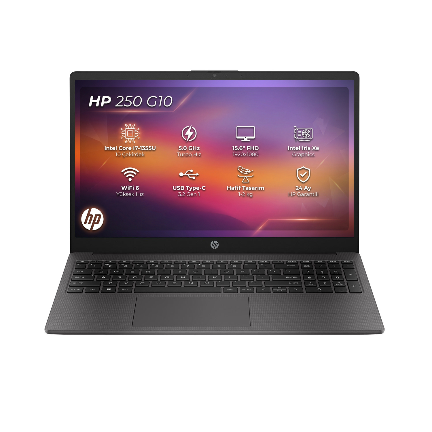 Intel Core i7, 15,6" FHD ekrana sahip koyu renk HP 250 G10 dizüstü bilgisayar.