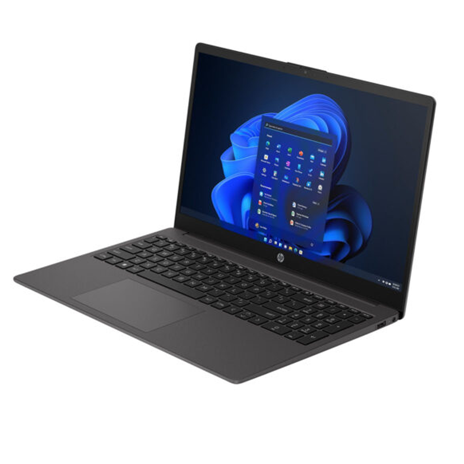 Ekranında mavi bir Windows duvar kağıdı bulunan koyu renkli bir dizüstü bilgisayar.