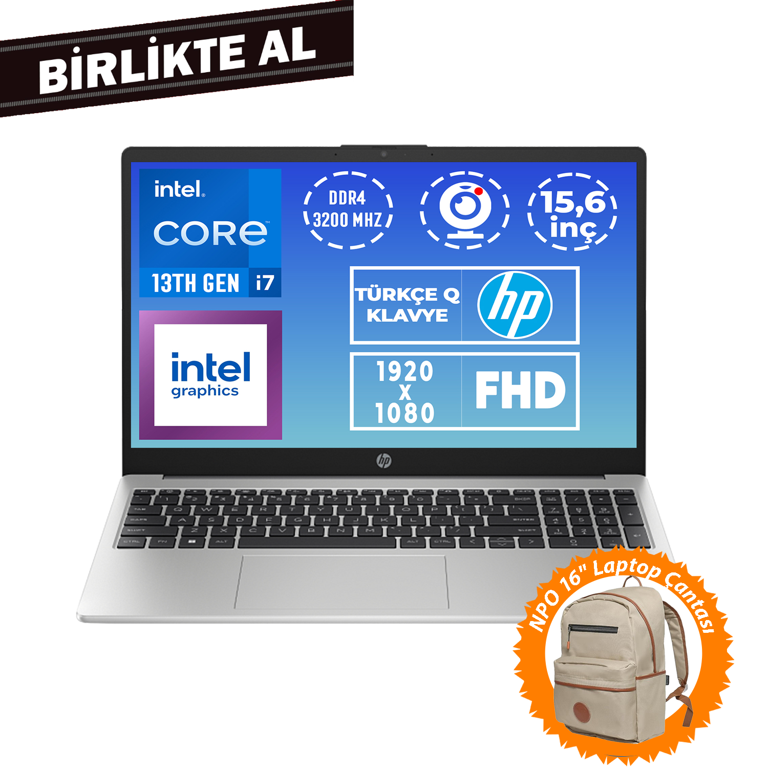 Intel Core i7 işlemcili laptop ve bej laptop çantası.