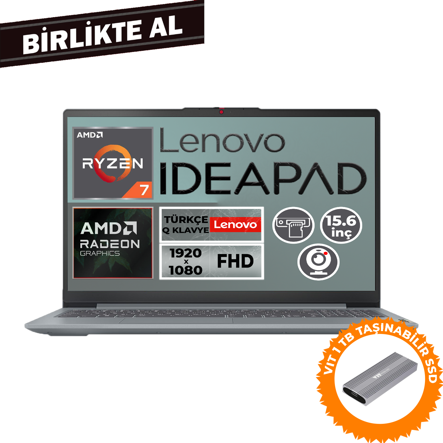 AMD Ryzen 7, Radeon grafikali, FHD ekranli gri Lenovo Ideapad laptop.