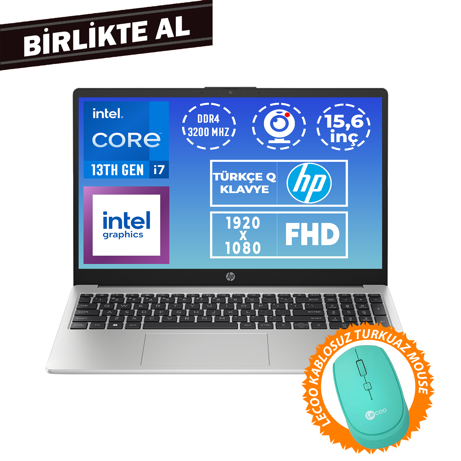 Intel Core i7 işlemcili, 15,6 inç FHD ekranlı ve turkuaz renkli fareli laptop.
