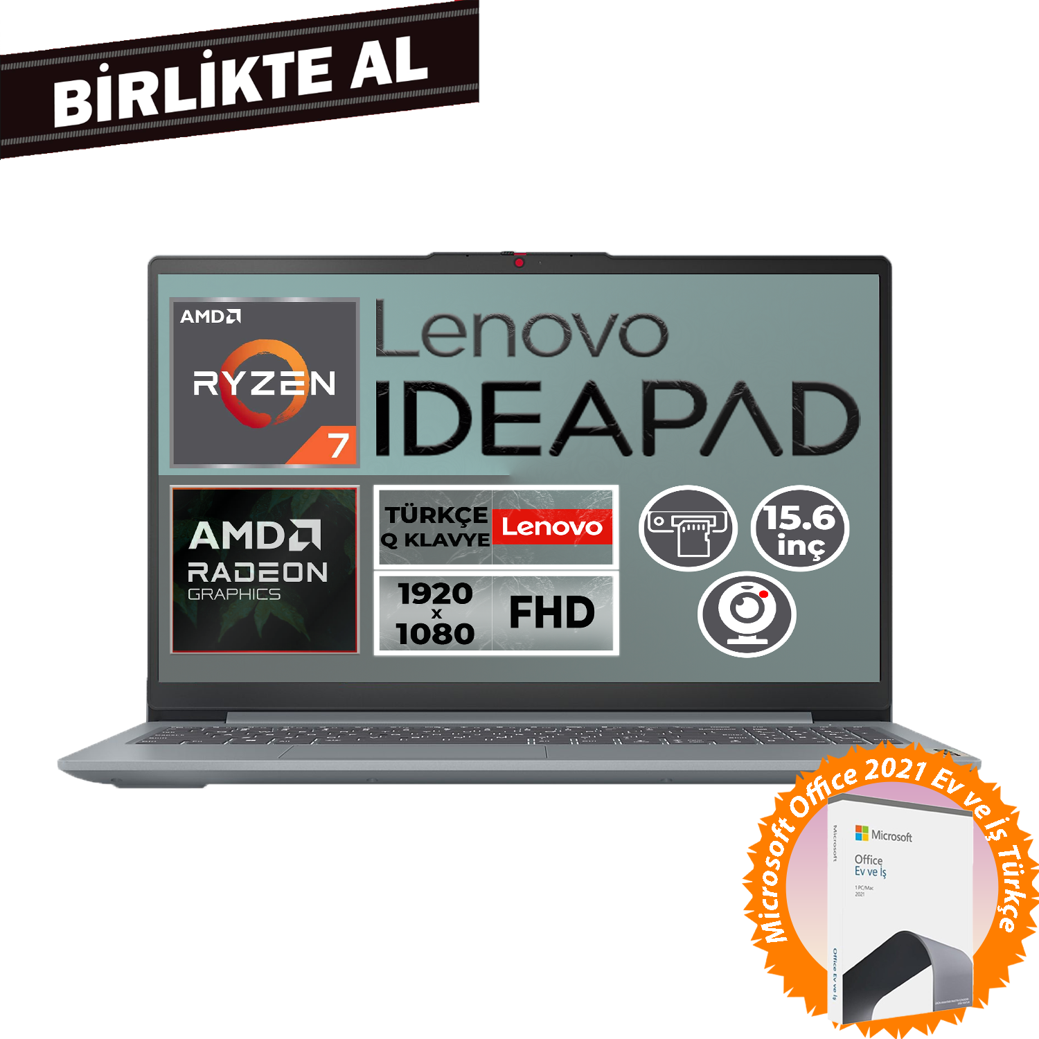 AMD Ryzen 7 işlemcili ve Radeon grafikli Lenovo Ideapad dizüstü bilgisayar gösteriliyor.