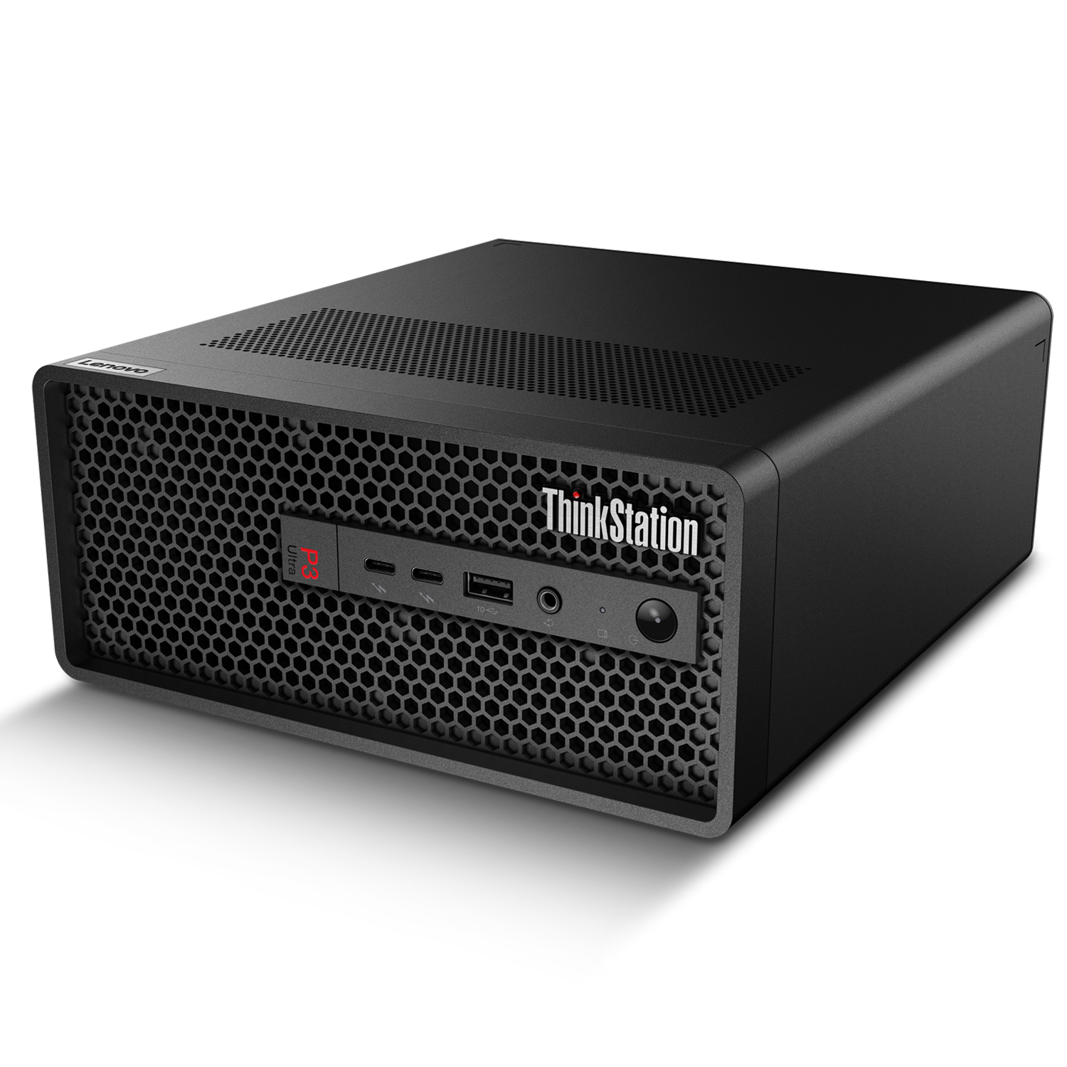 Petek desenli ön panele sahip siyah Lenovo ThinkStation P3 Ultra masaüstü bilgisayar.