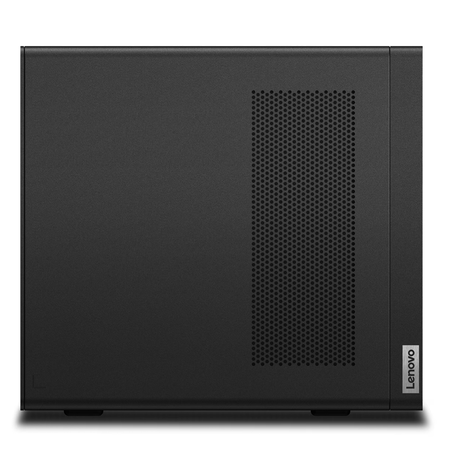 Sağ tarafta havalandırma delikleri ve logosu bulunan siyah Lenovo bilgisayar kasası.