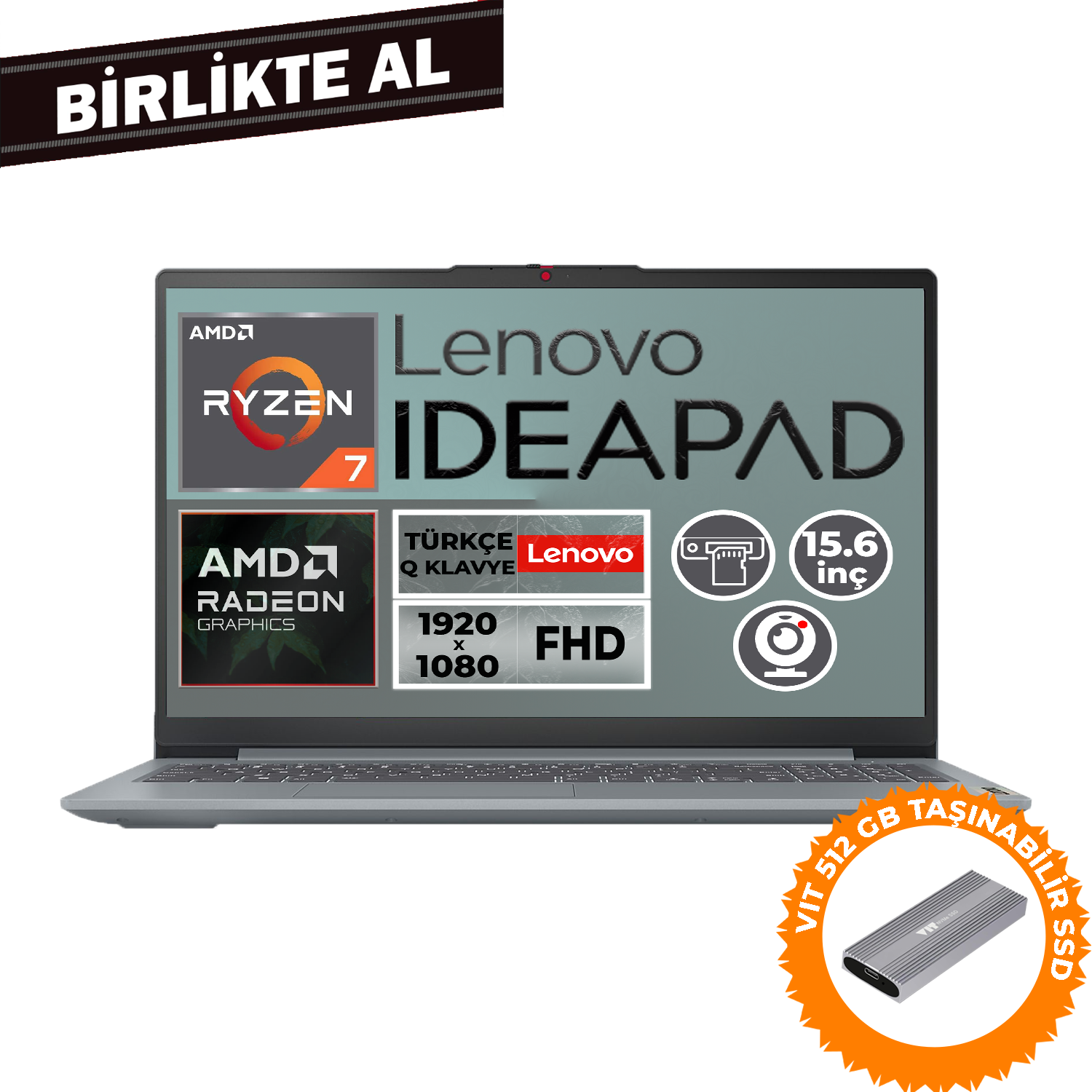 AMD Ryzen 7, Radeon grafikali, 15.6 inç Full HD gri Lenovo Ideapad laptop.