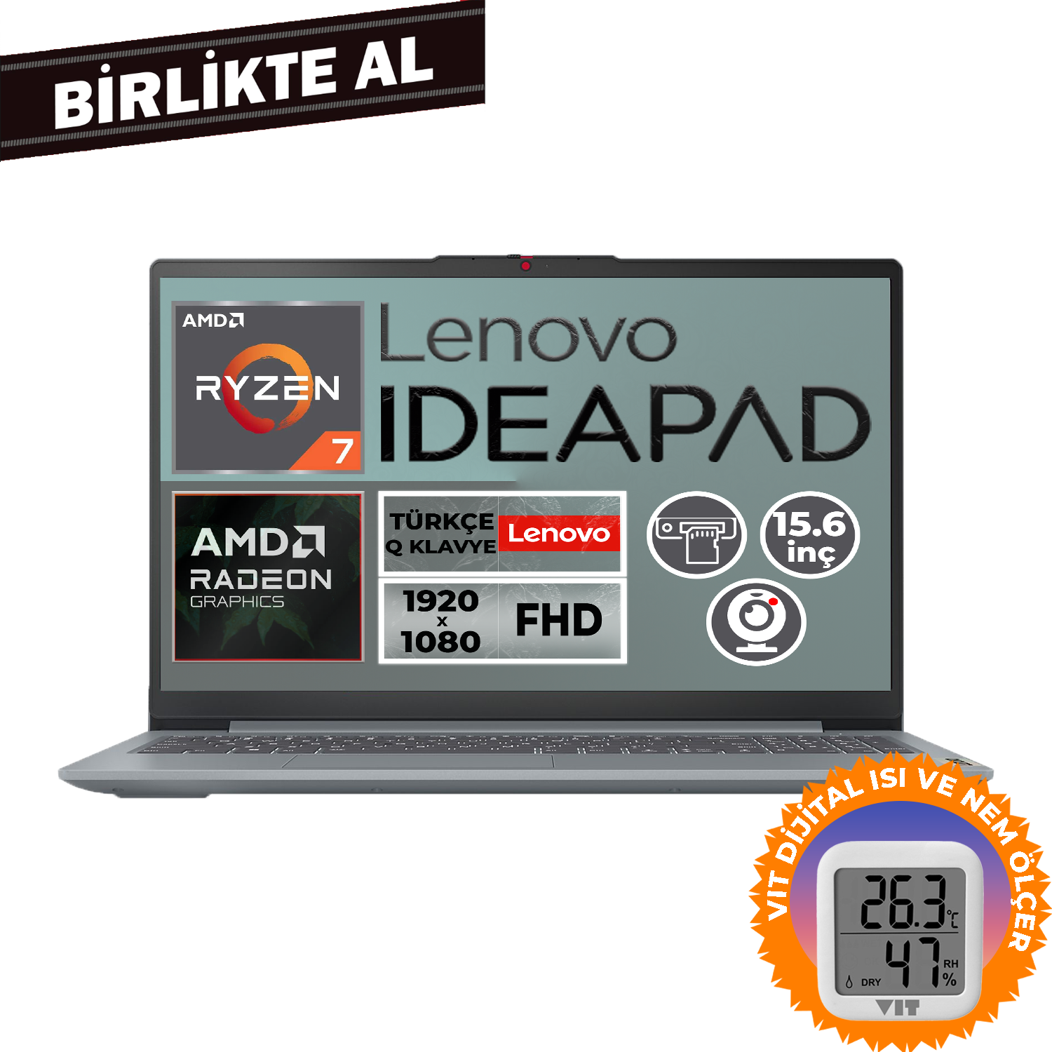 AMD Ryzen 7, Radeon grafikalı Lenovo Ideapad laptop. Termometre/nem ölçer içerir.