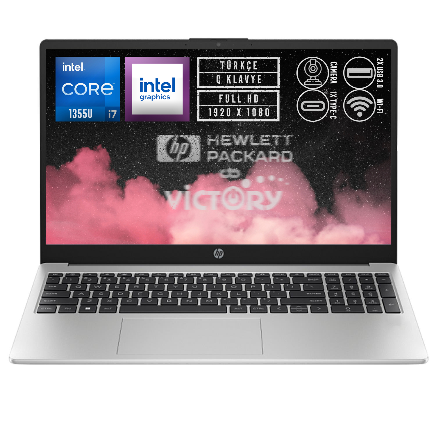 Intel Core i7, Full HD, kamera ve Wi-Fi özellikli gümüş HP dizüstü bilgisayar.
