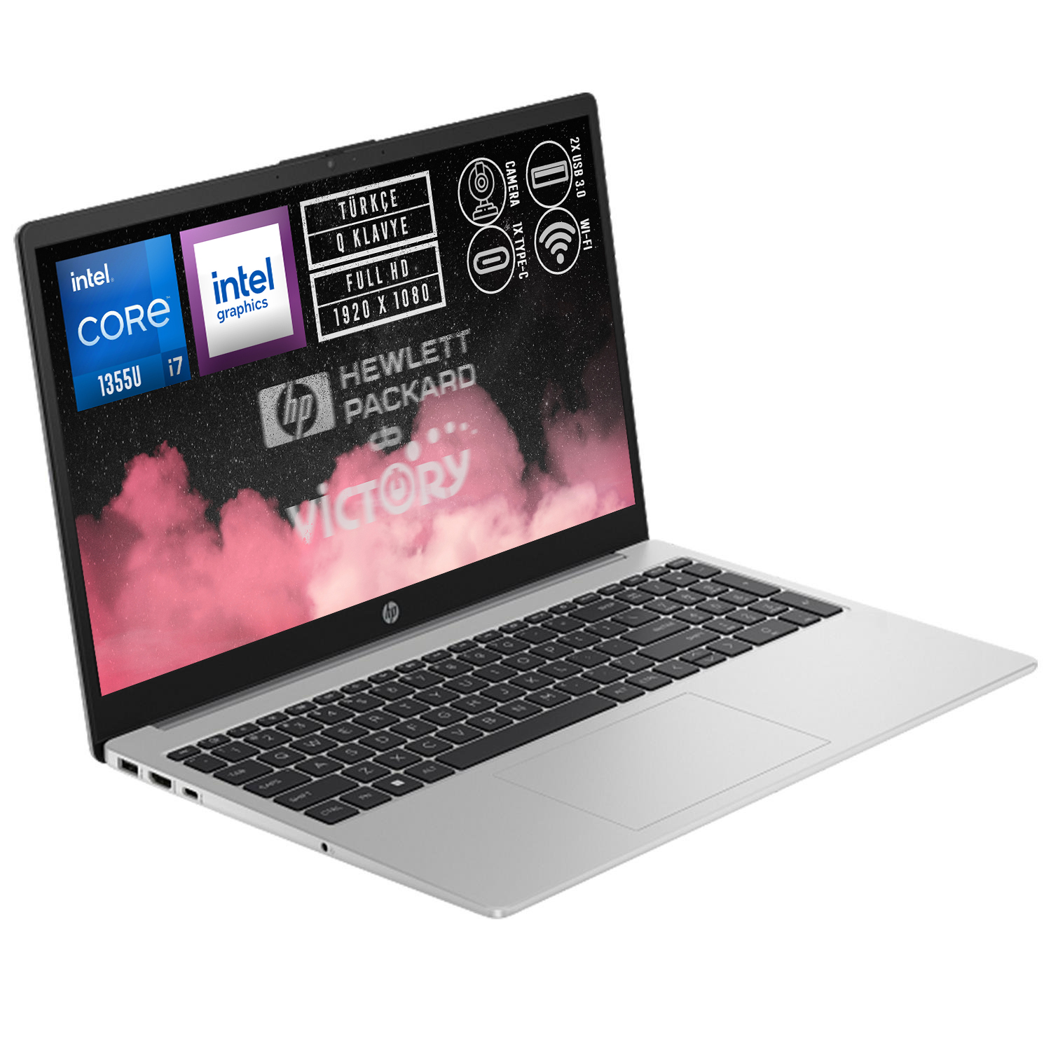 Gümüş HP dizüstü bilgisayar, Intel Core i7, Full HD ekran, Türkçe klavye.