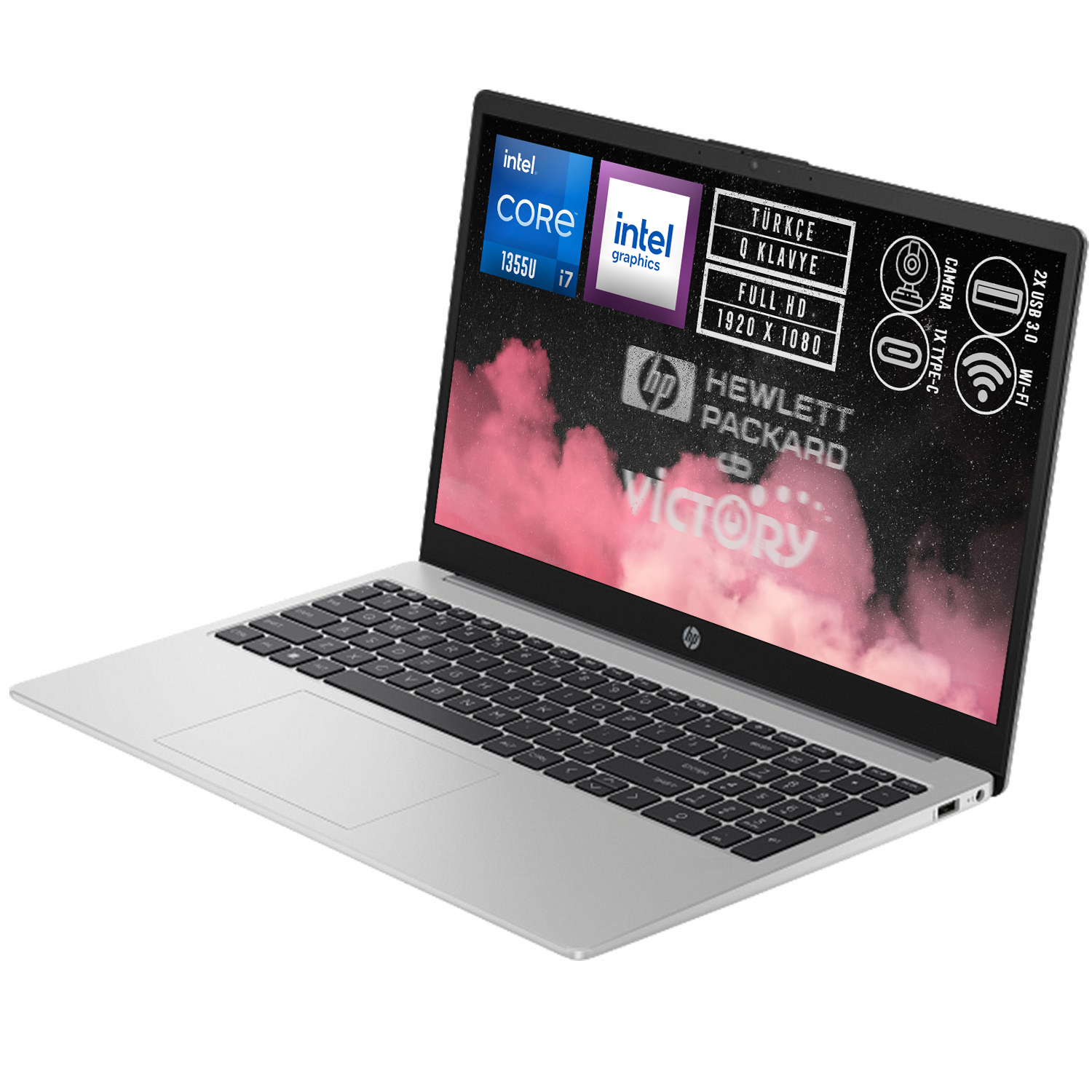 Intel Core i7 işlemcili ve Full HD ekrana sahip gümüş HP dizüstü bilgisayar.