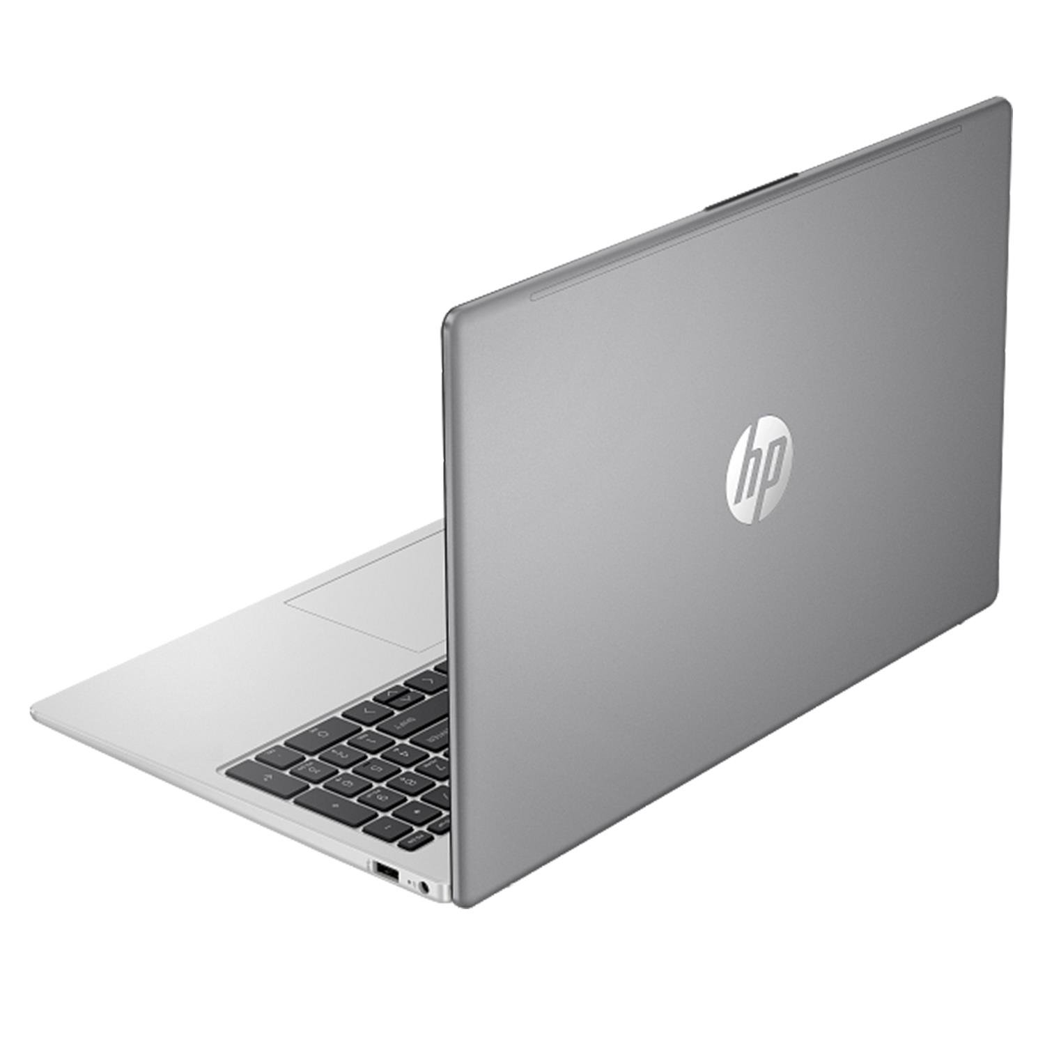 Gümüş renkli HP dizüstü bilgisayar açık. Kapakta HP logosu görünüyor.