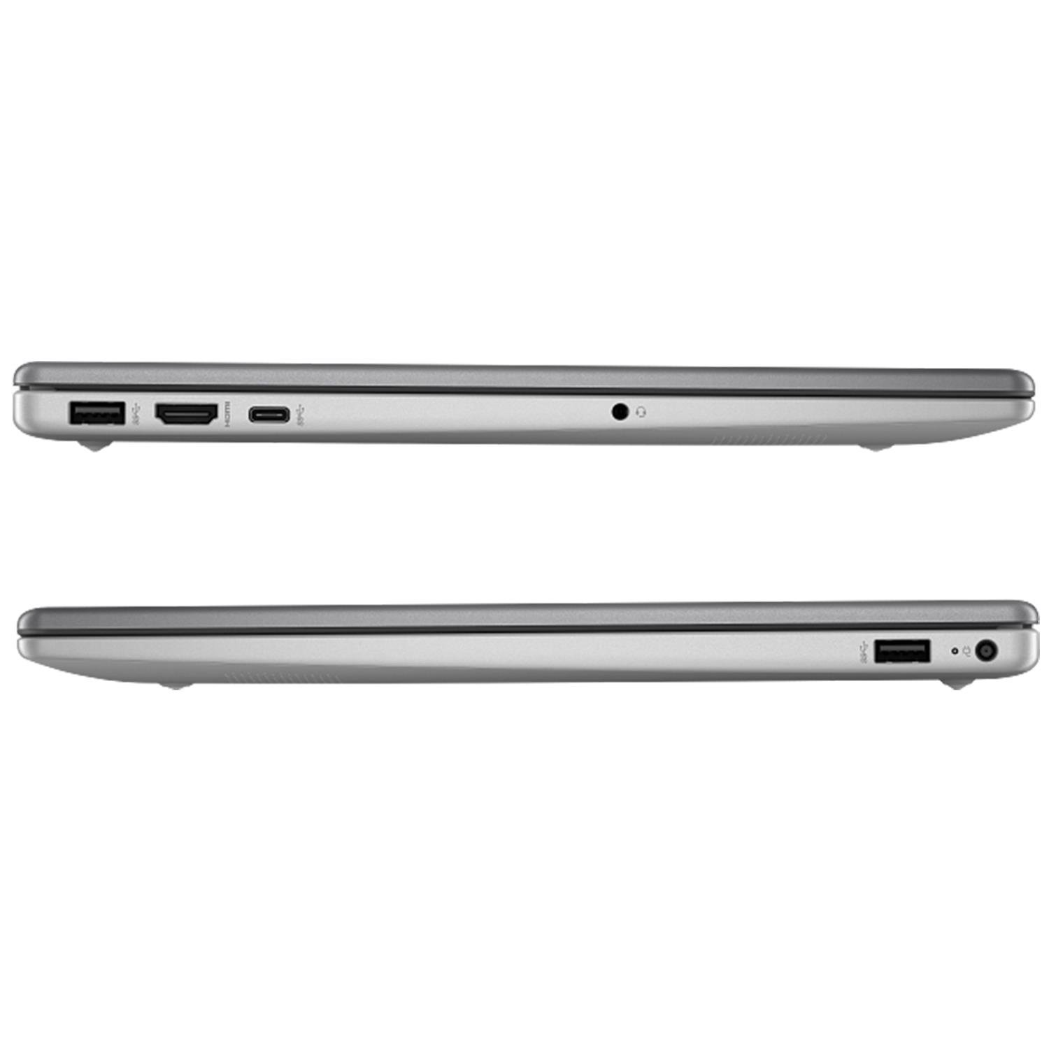 Gümüş renkli dizüstü bilgisayarın bağlantı noktaları: USB, HDMI, USB-C ve ses jakı.