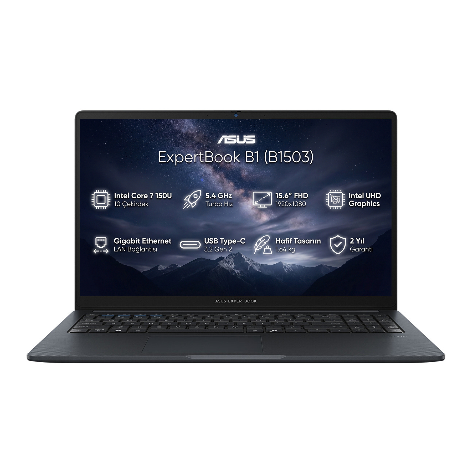 Intel Core i7 işlemcili, 15,6 inç ekranlı, ince tasarımlı siyah Asus ExpertBook B1 laptop.