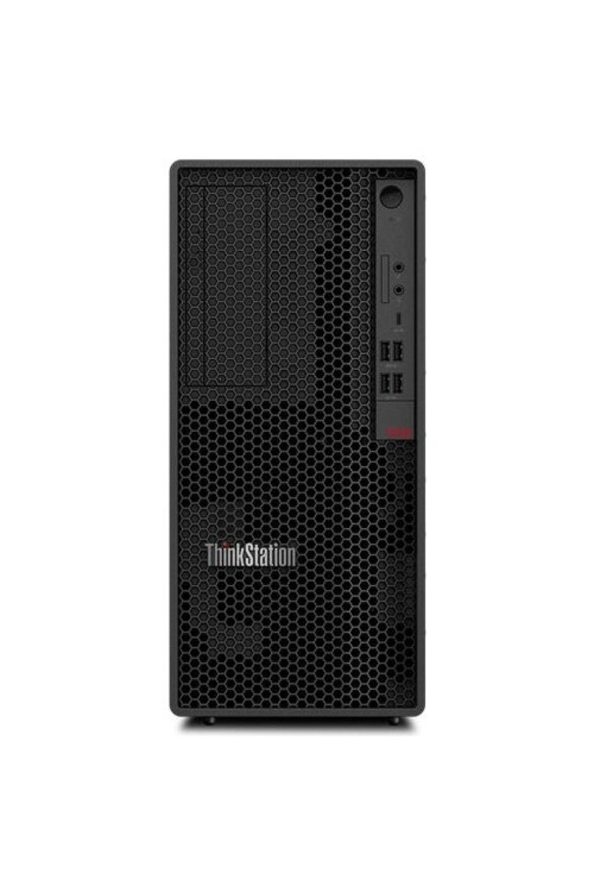 Bal peteği ön panele ve bağlantı noktalarına sahip siyah ThinkStation masaüstü kulesi.