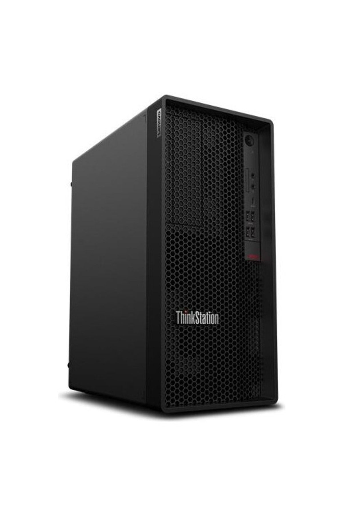 Beyaz arka plan üzerinde siyah bir Lenovo ThinkStation bilgisayar.