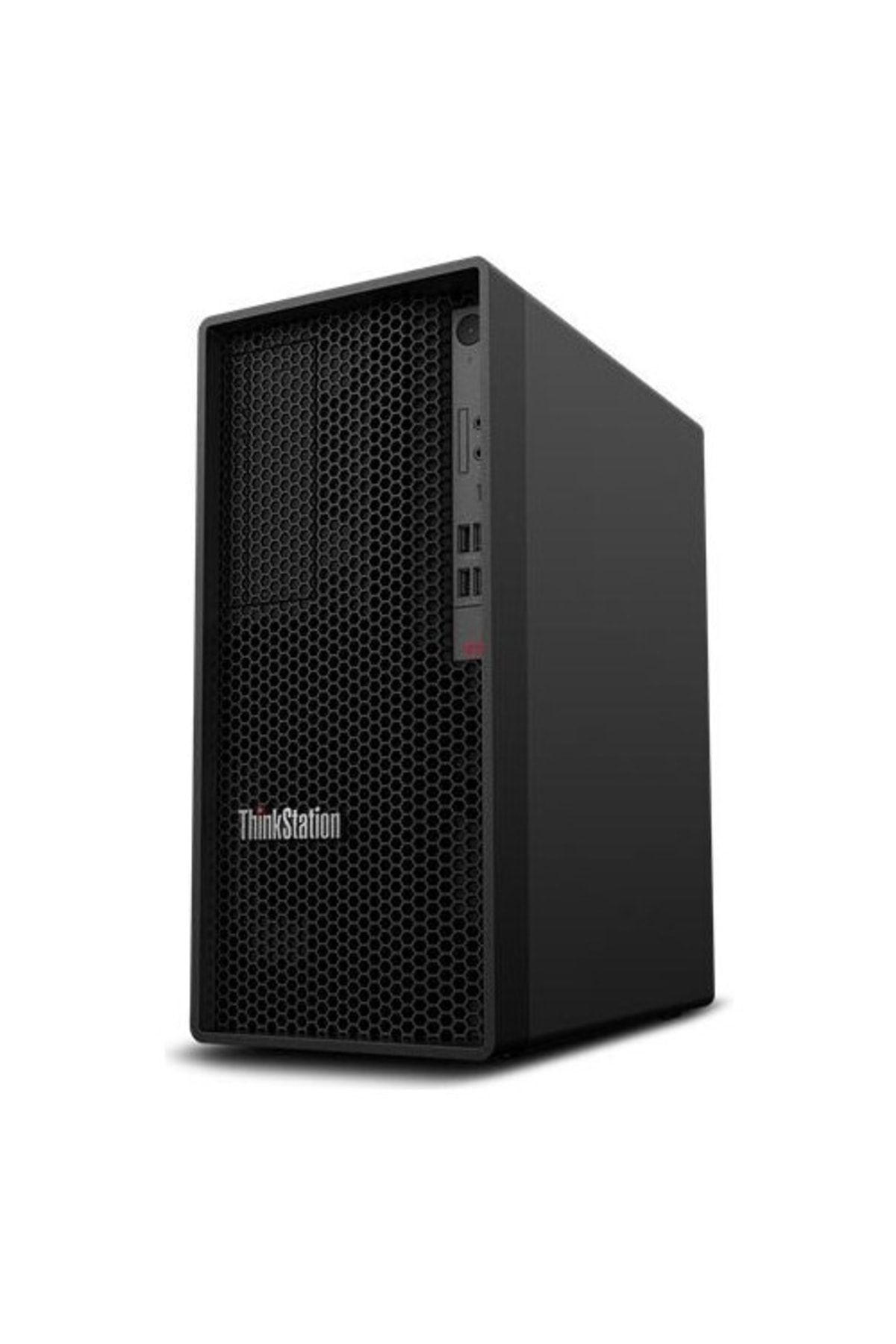 Petek önlü ve gümüş düğmeli siyah Lenovo ThinkStation PC.