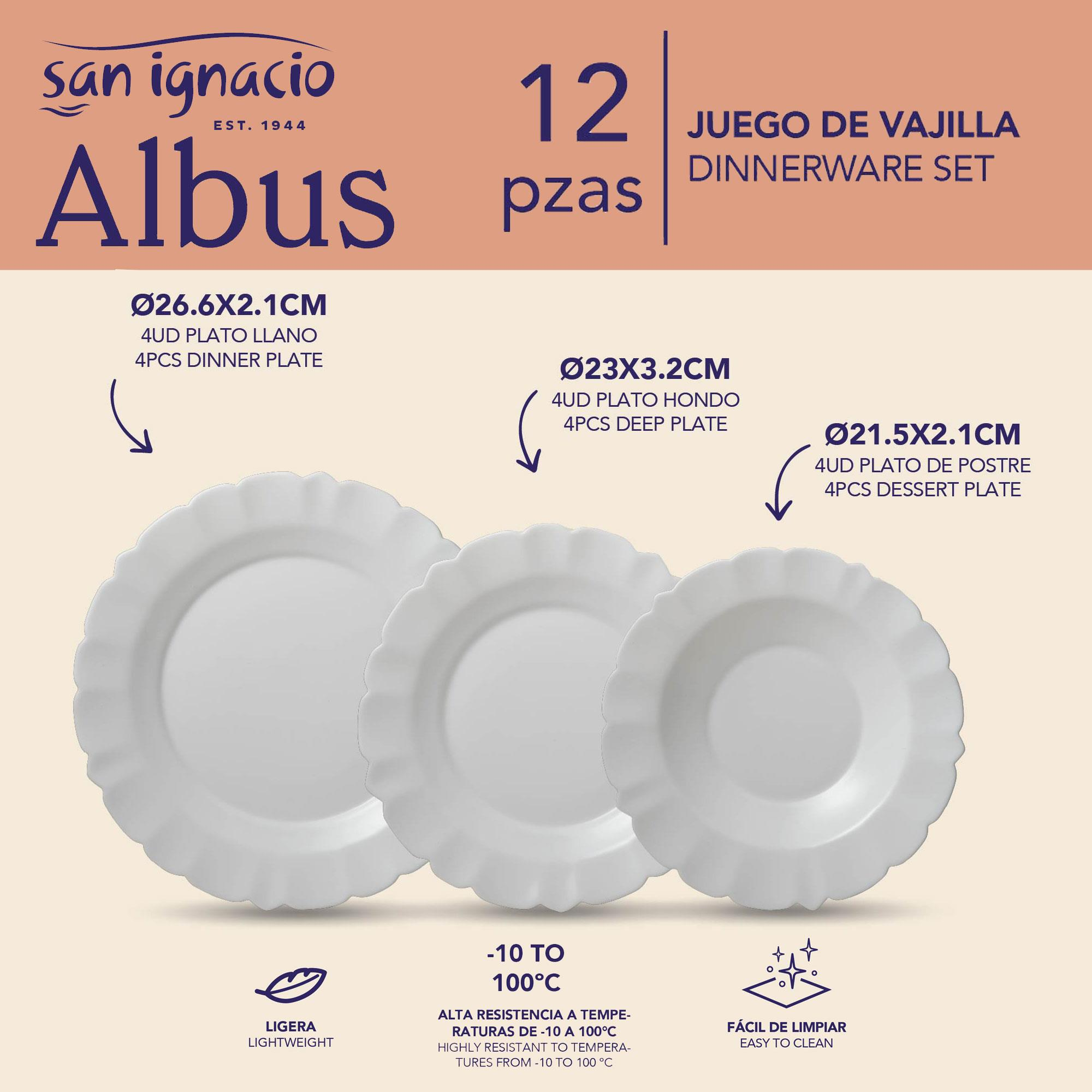 Juego de vajilla San Ignacio Albus: 12 platos blancos, tres tamaños, ligeros, resistentes.
