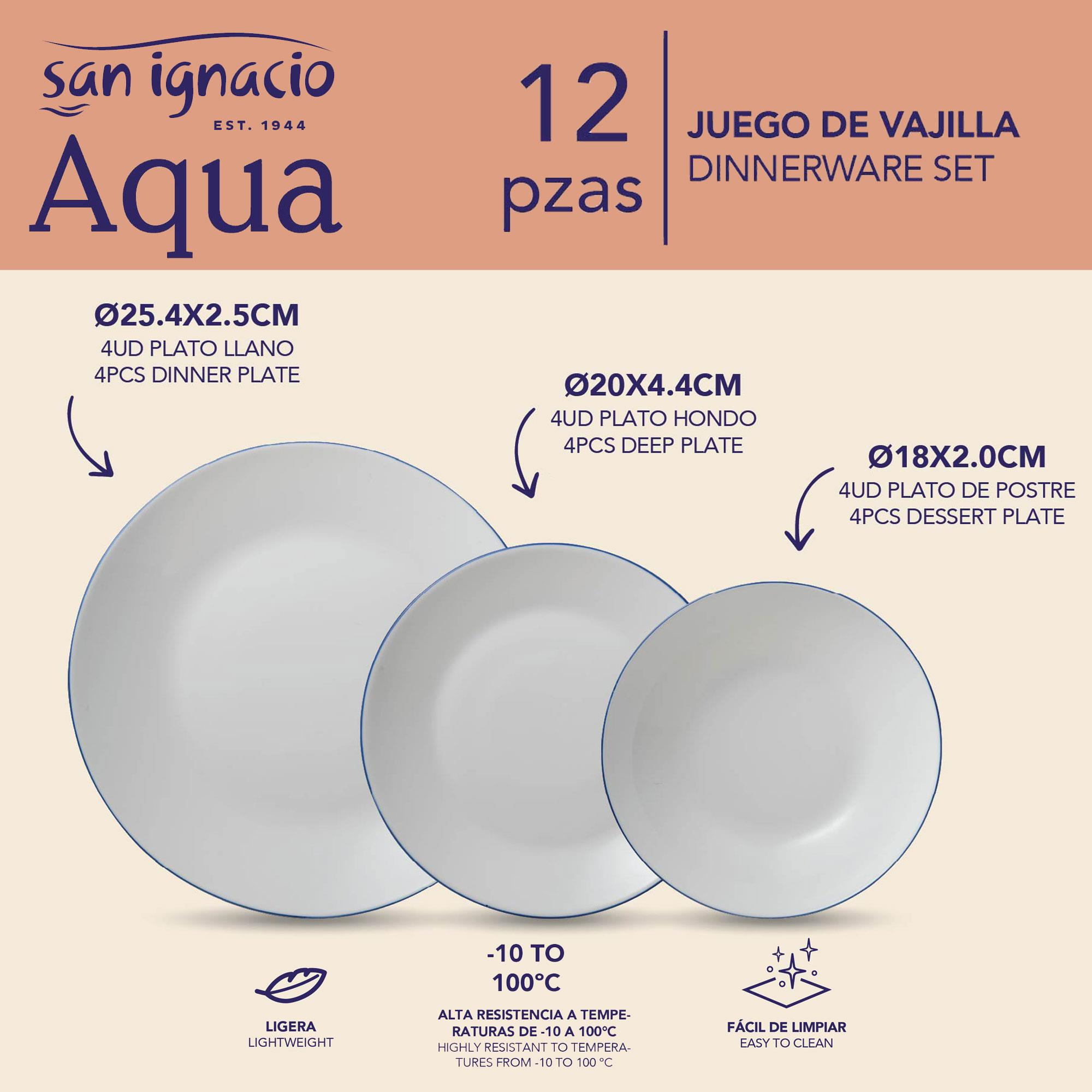 Un juego de vajilla de 12 piezas de platos blancos con bordes azules.