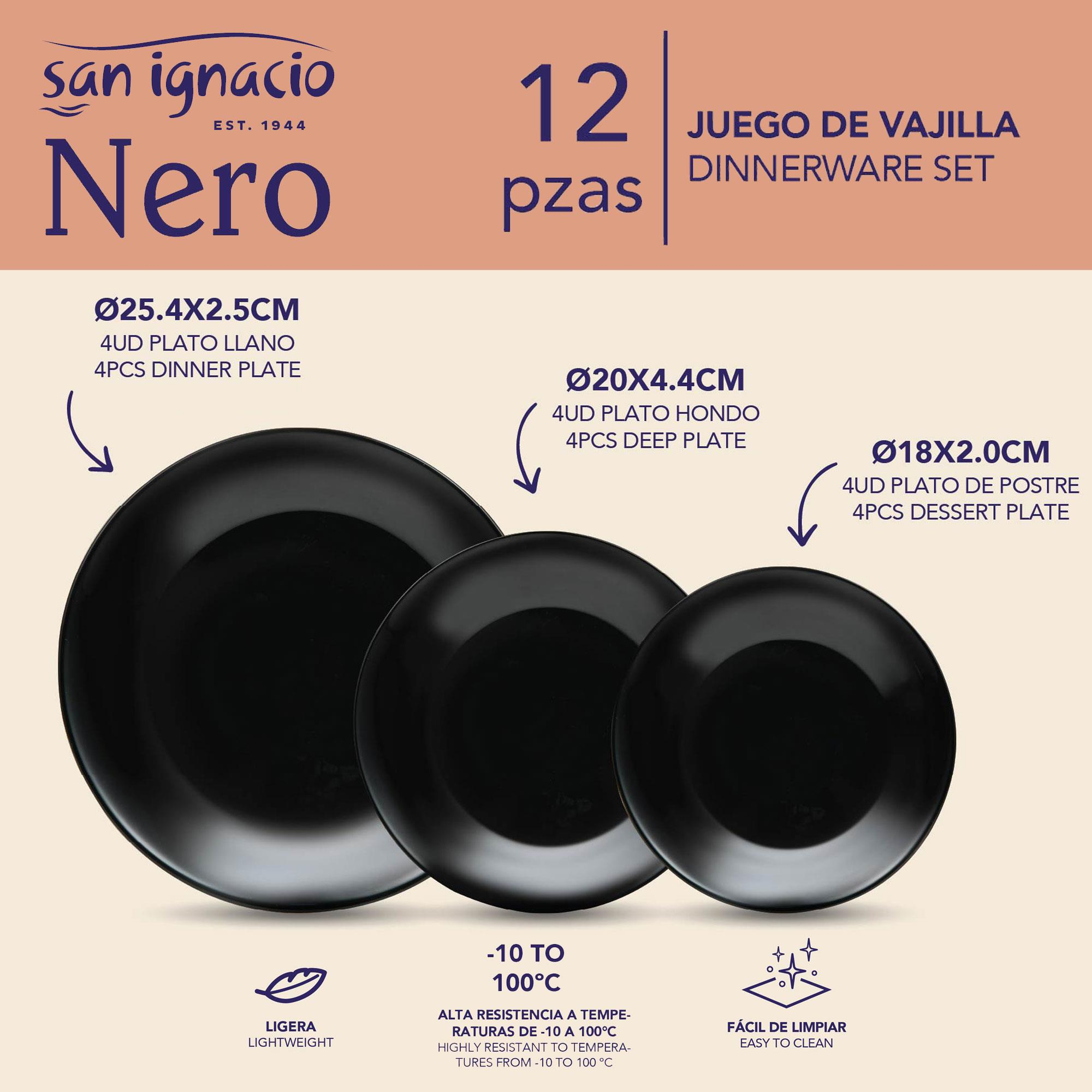 Juego de vajilla negro de 12 piezas: platos en 3 tamaños, resistente al calor.