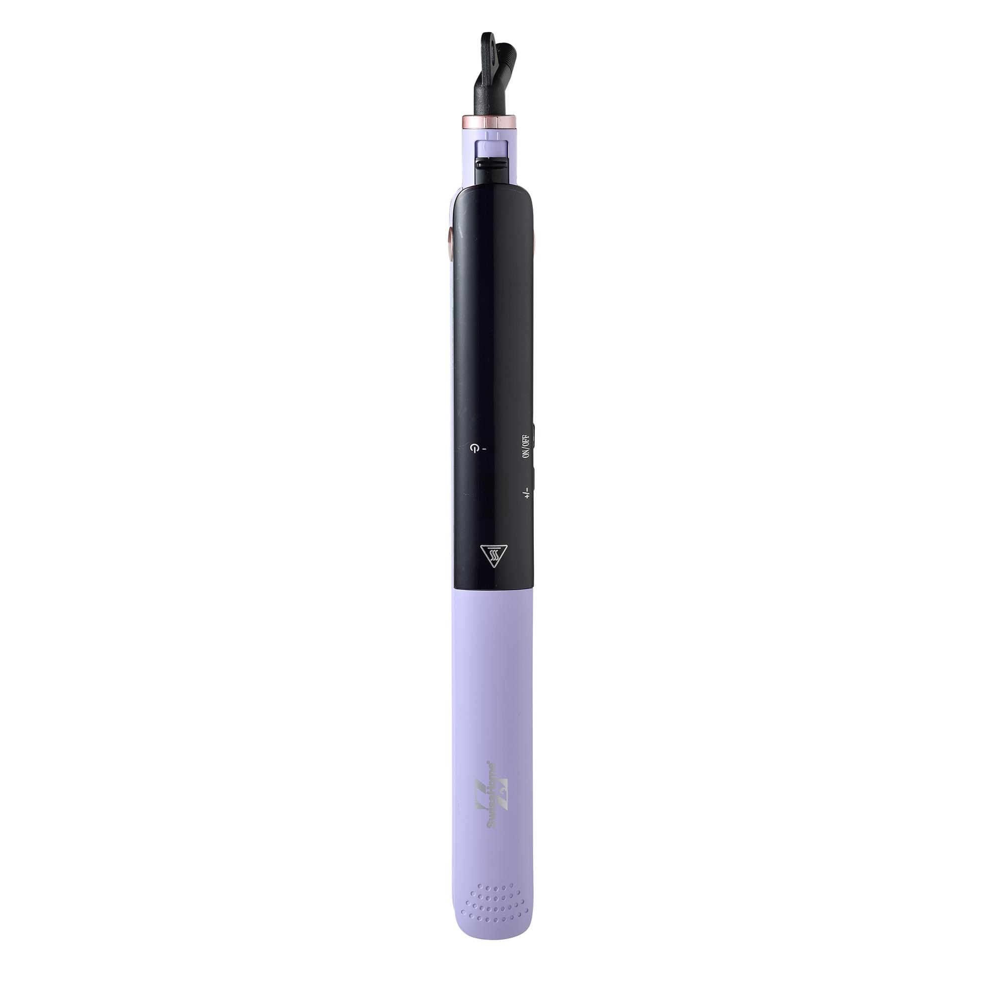 Un elegante dispositivo cosmético morado y negro con detalles plateados.