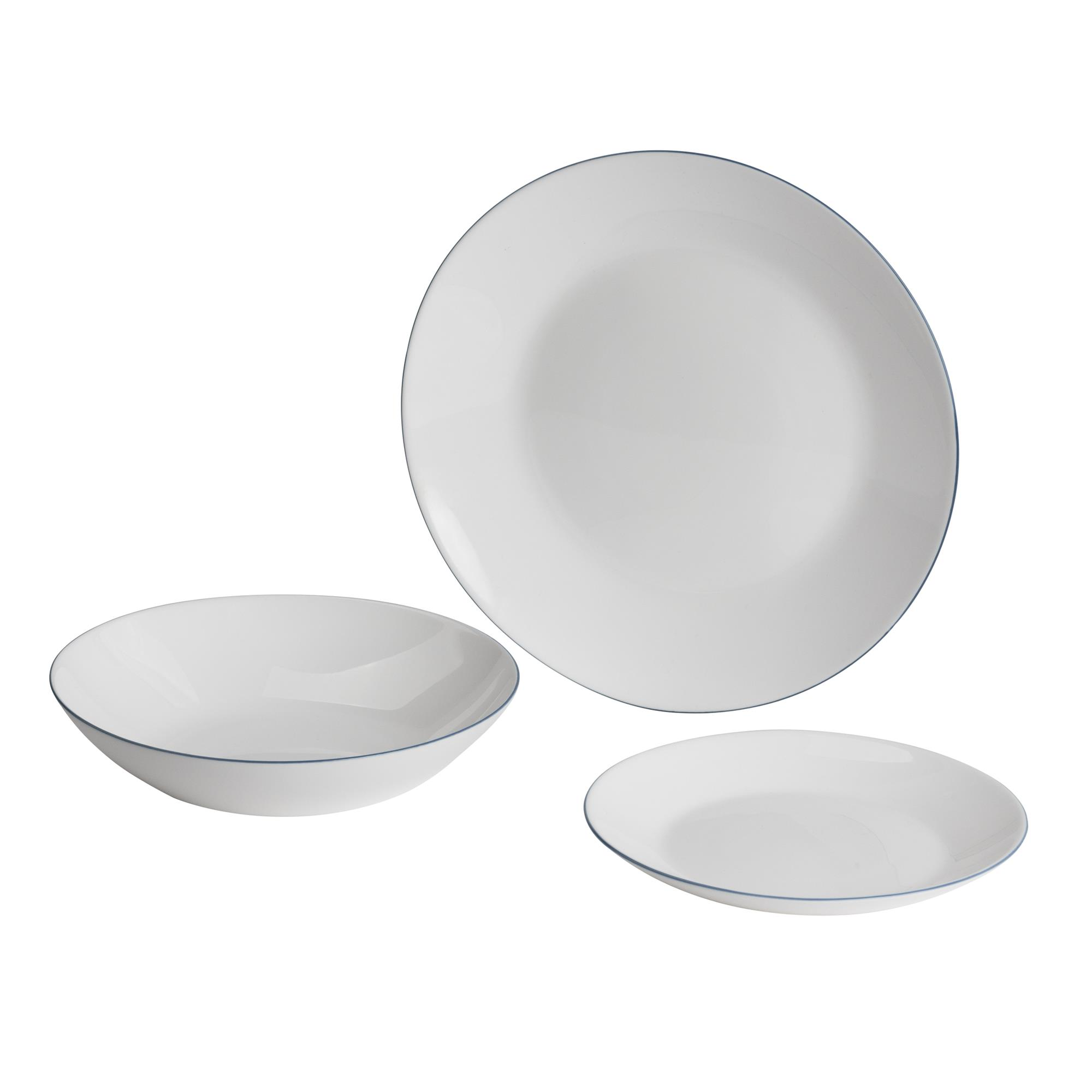Tres platos blancos con borde azul: uno grande, uno mediano, uno pequeño.