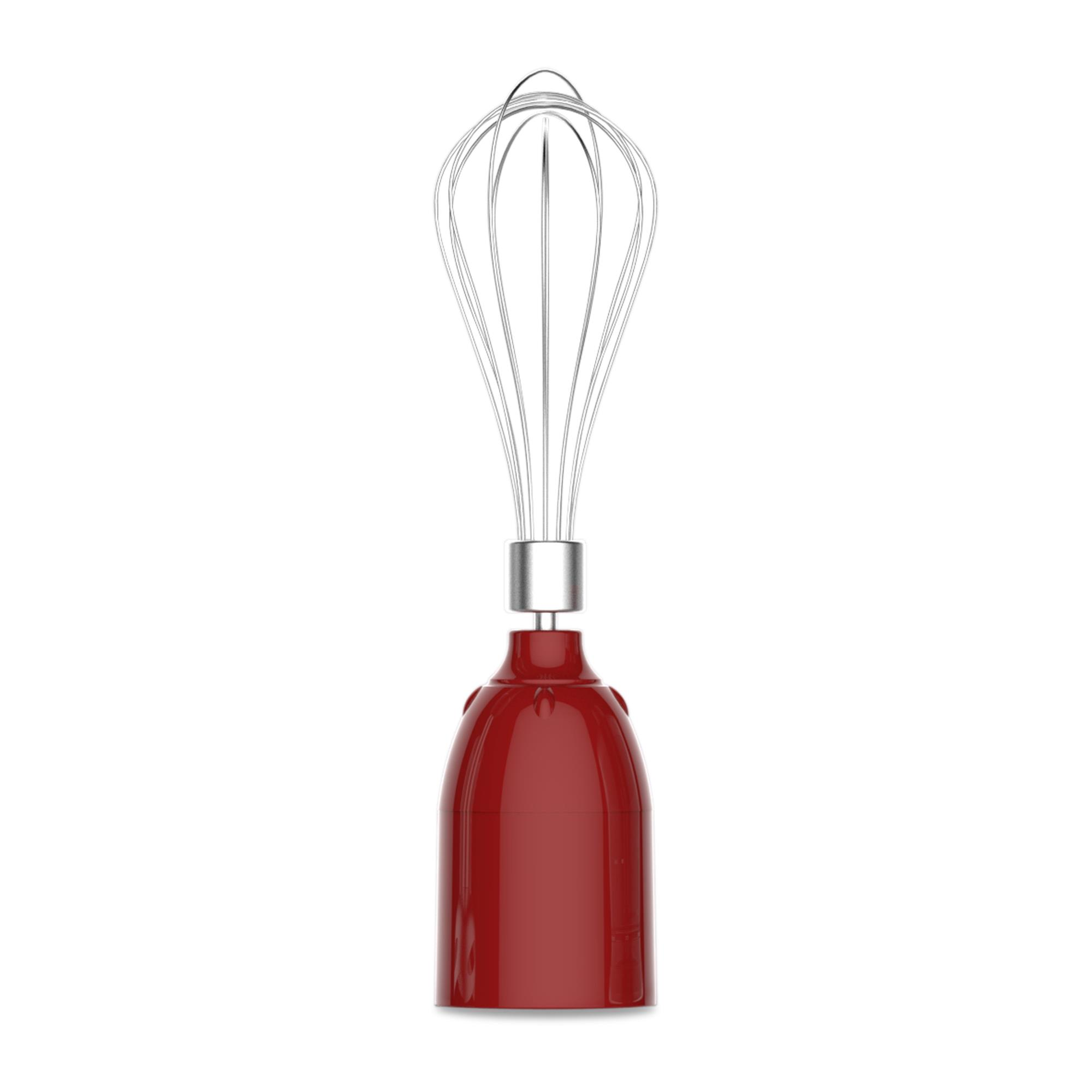 Un accesorio de batidora de mano rojo con elemento batidor plateado. Fondo blanco.