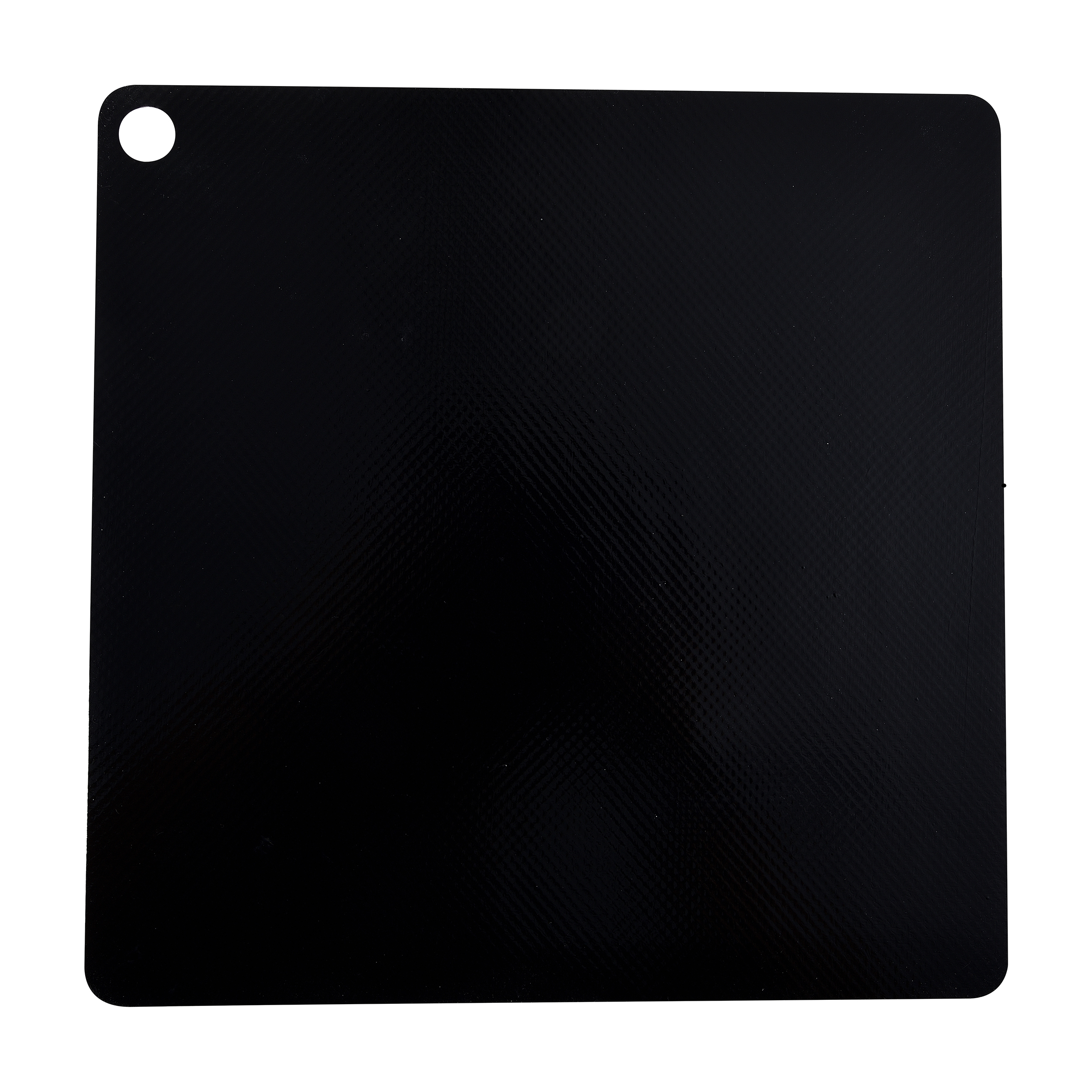 Tabla de cortar cuadrada negra con textura acanalada y agujero para colgar.