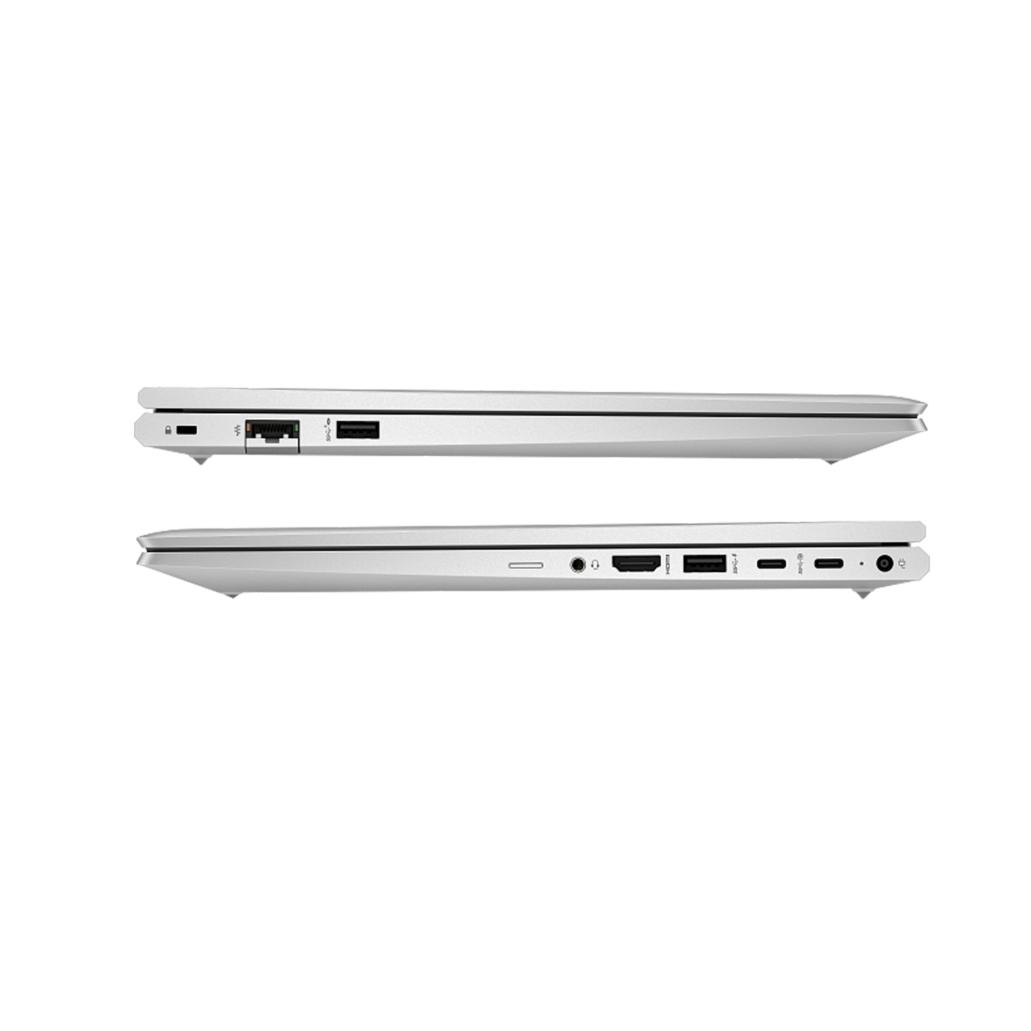 Gümüş rengi dizüstü bilgisayarın yan görünümü, bağlantı noktaları: USB, Ethernet, HDMI, USB-C.