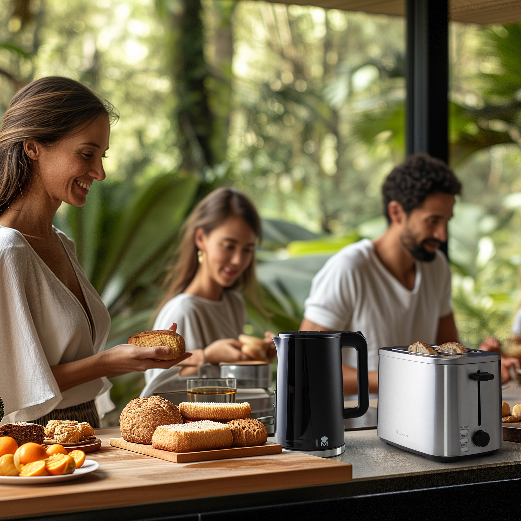 Familia desayunando con tostadas, frutas y pasteles en una sala luminosa.