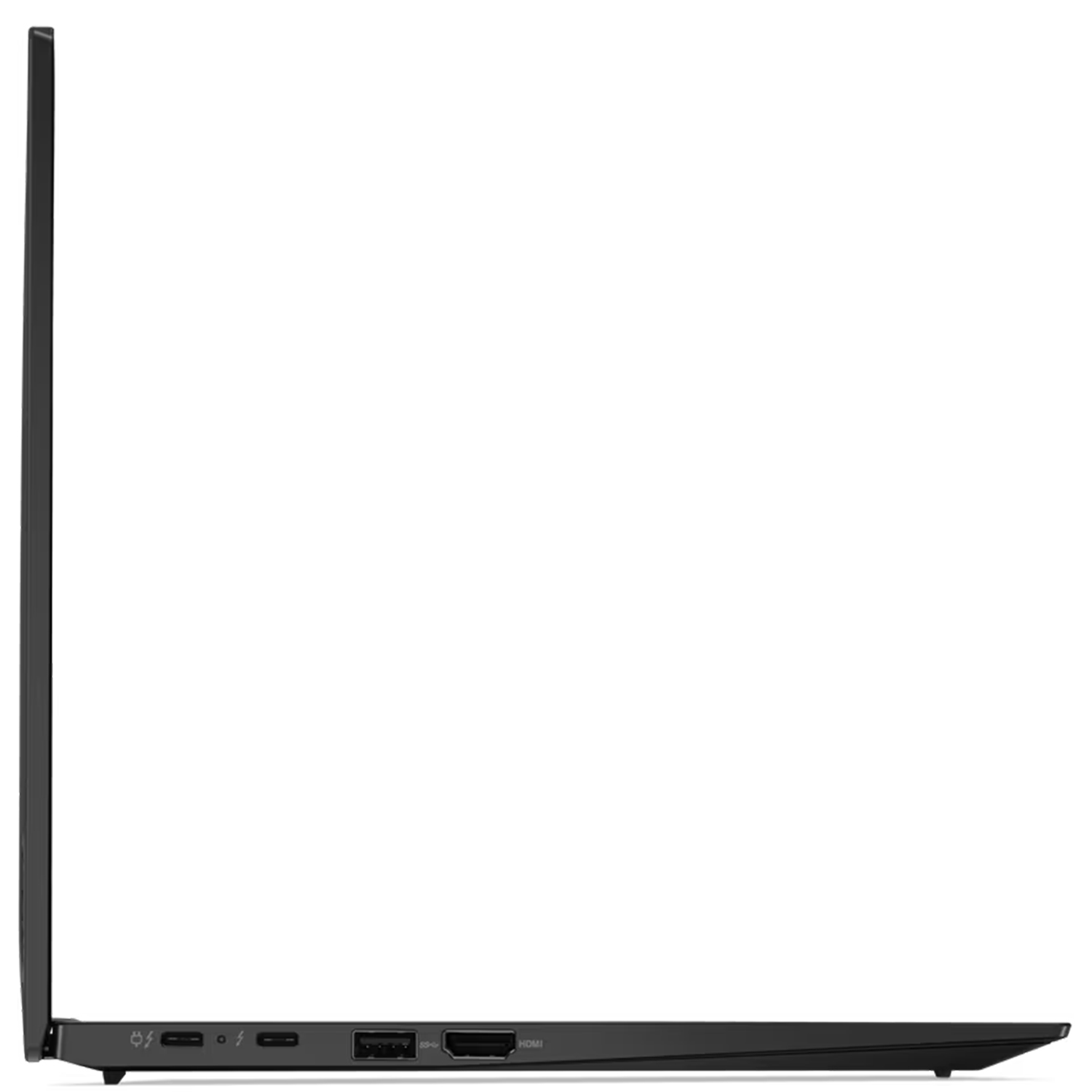 Siyah dizüstü bilgisayar yan görünüm, USB-C, USB-A ve HDMI bağlantı noktaları.