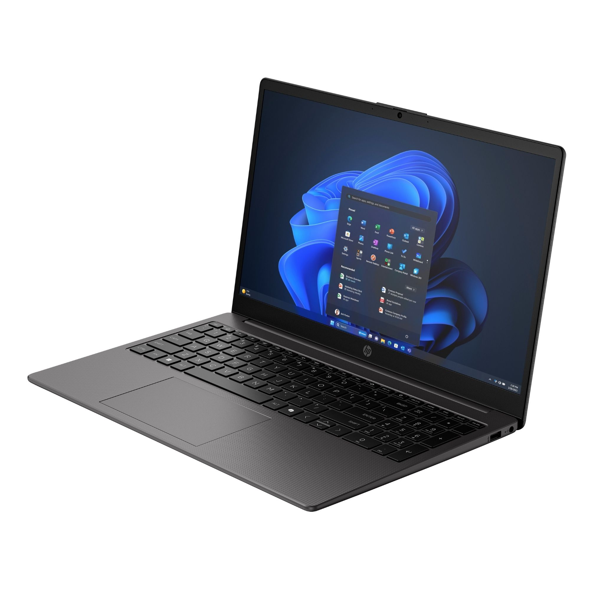 Windows 11 ve klavye gösteren açık ekranlı gri dizüstü bilgisayar.
