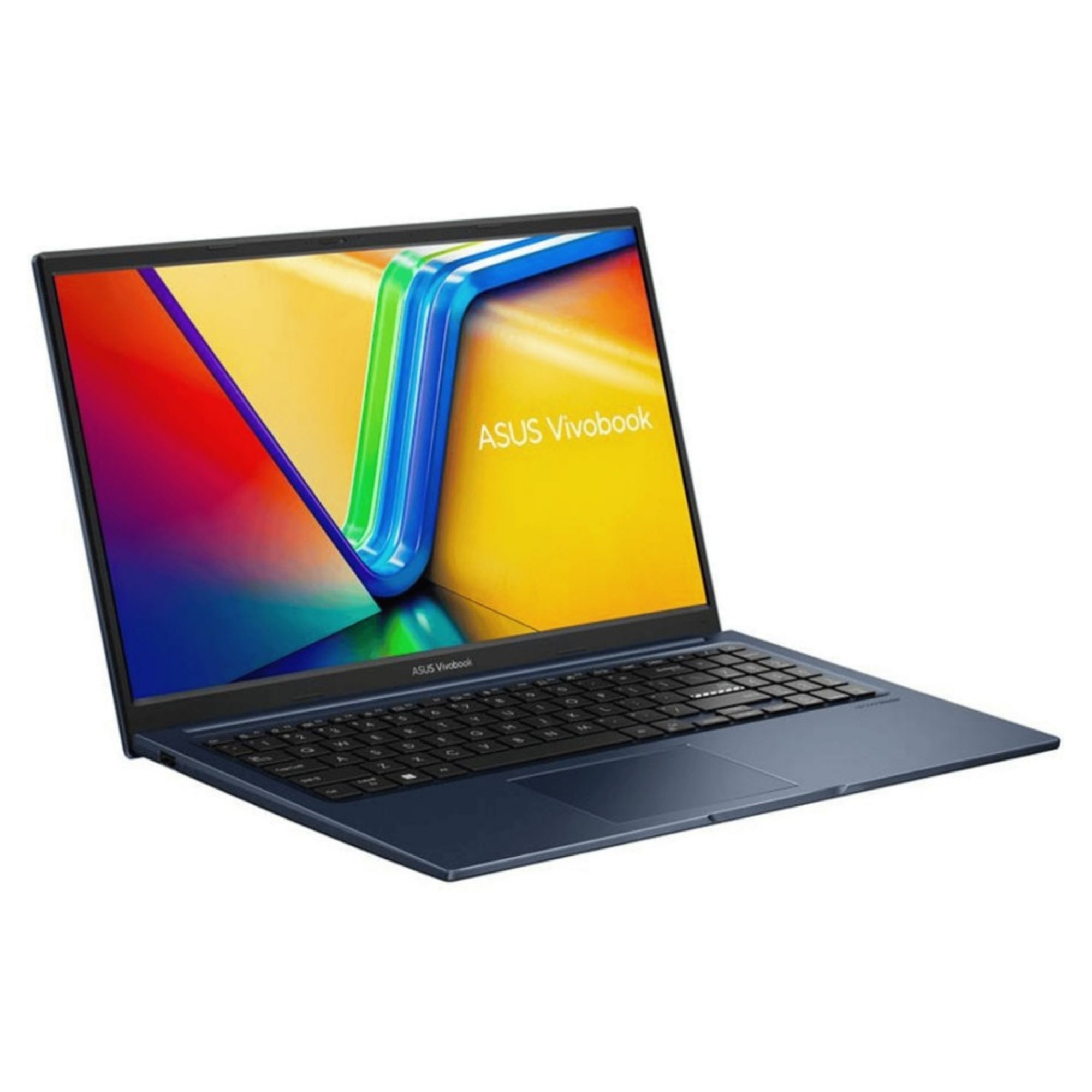 Koyu mavi bir Asus Vivobook dizüstü bilgisayar açık, ekranda renkli bir duvar kağıdı var.
