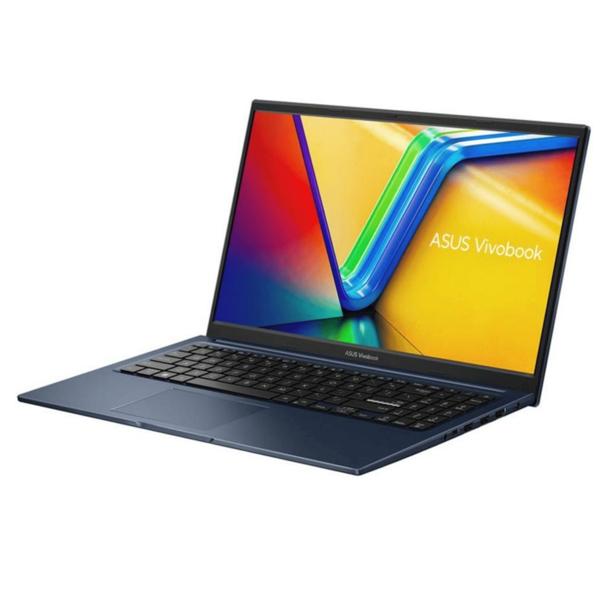 Koyu mavi Asus Vivobook dizüstü bilgisayar, arkadan aydınlatmalı klavye ve renkli duvar kağıdı.