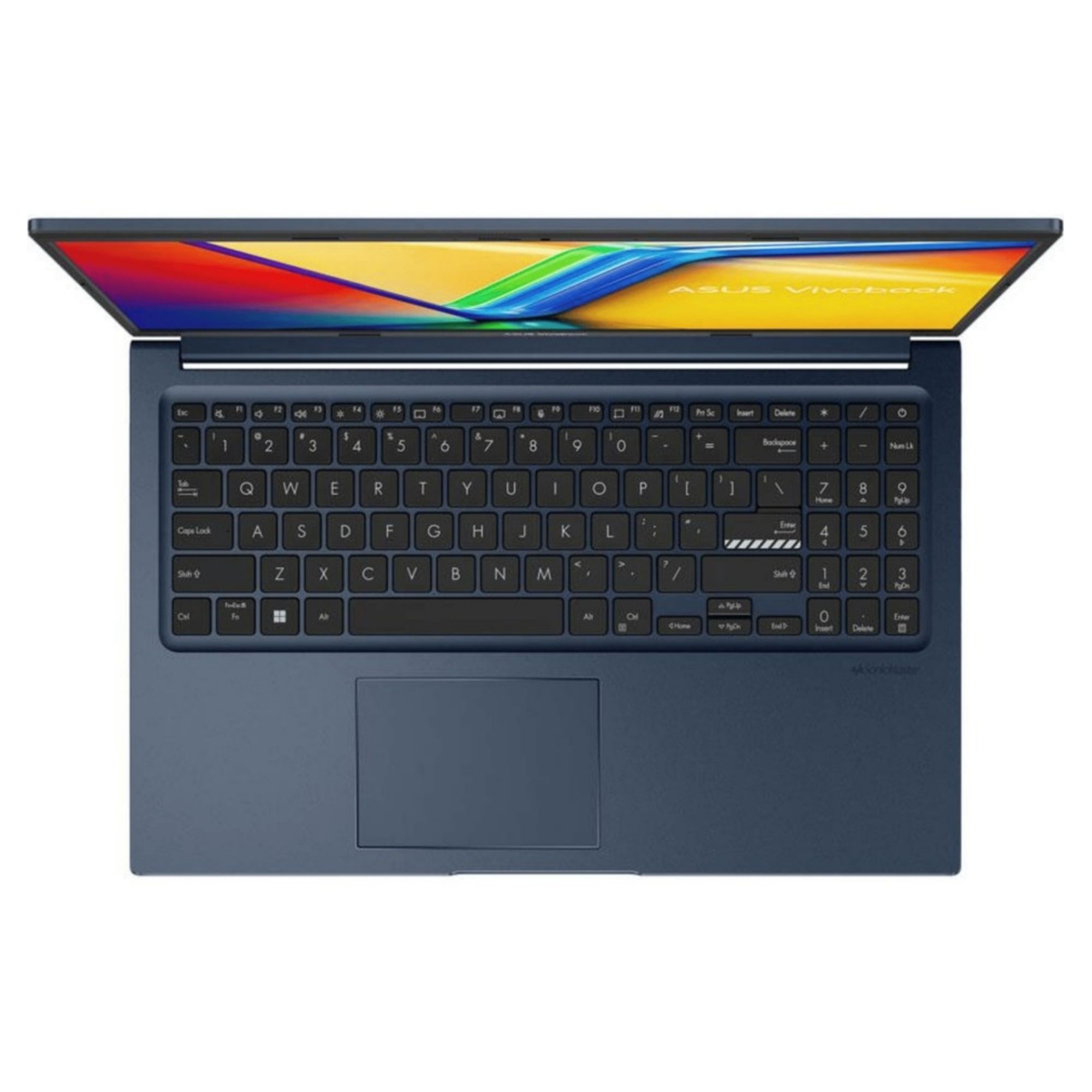 Üstten görünüşlü, klavye ve dokunmatik yüzeyi açık, lacivert renk Asus Vivobook dizüstü bilgisayar.