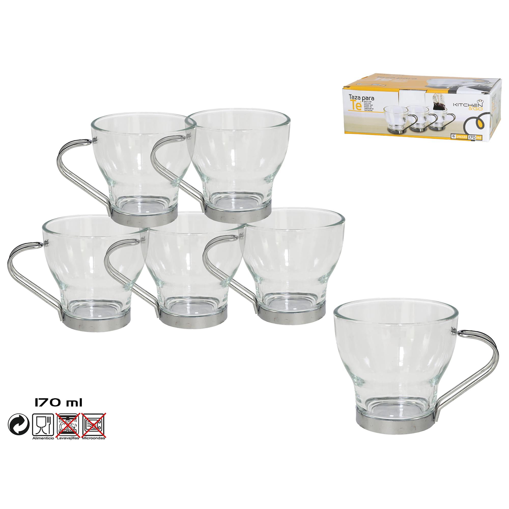 Seis tazas de vidrio transparente con asas plateadas, capacidad 170 ml.