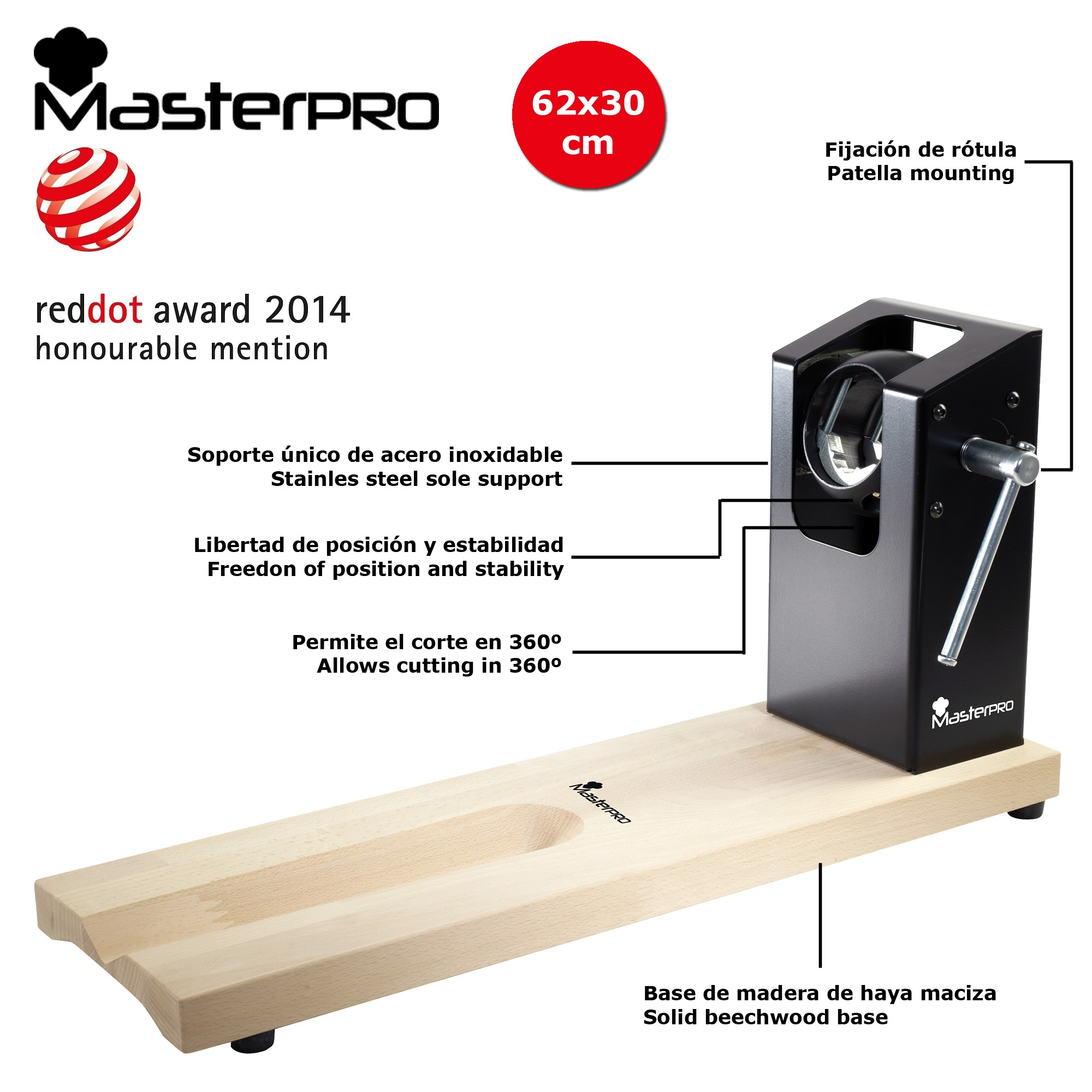 Un cortador negro con base de madera de haya y soporte de acero inoxidable.