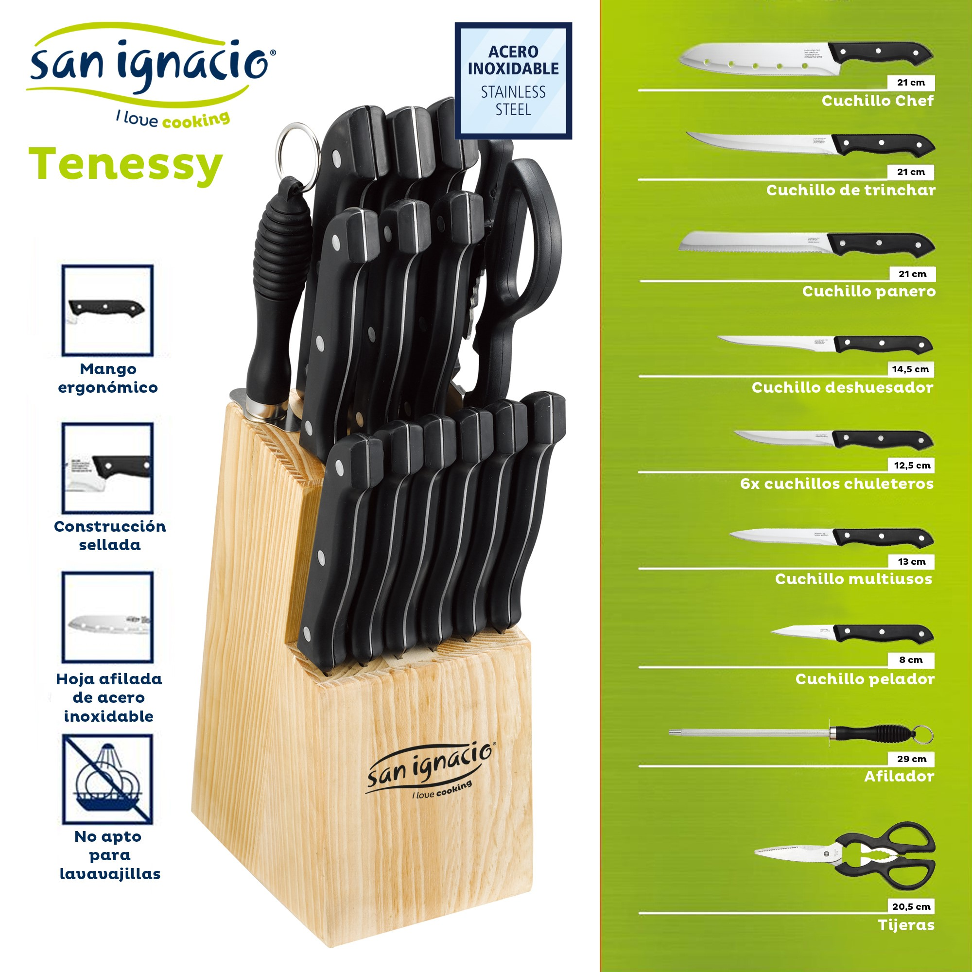 Un bloque de madera para cuchillos con varios cuchillos de cocina y tijeras de acero.