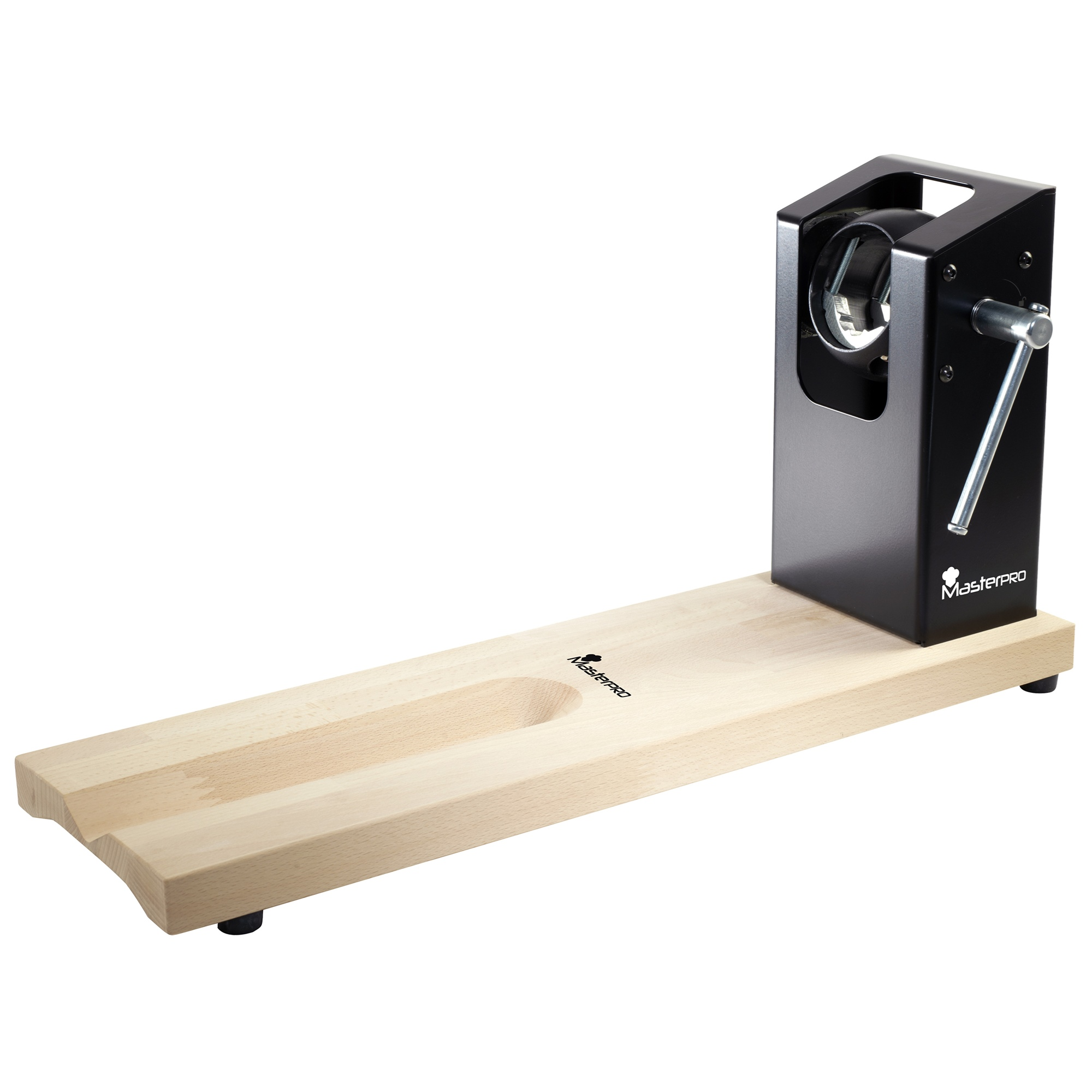 Un dispositivo de metal negro con manivela sobre una base de madera con hueco.