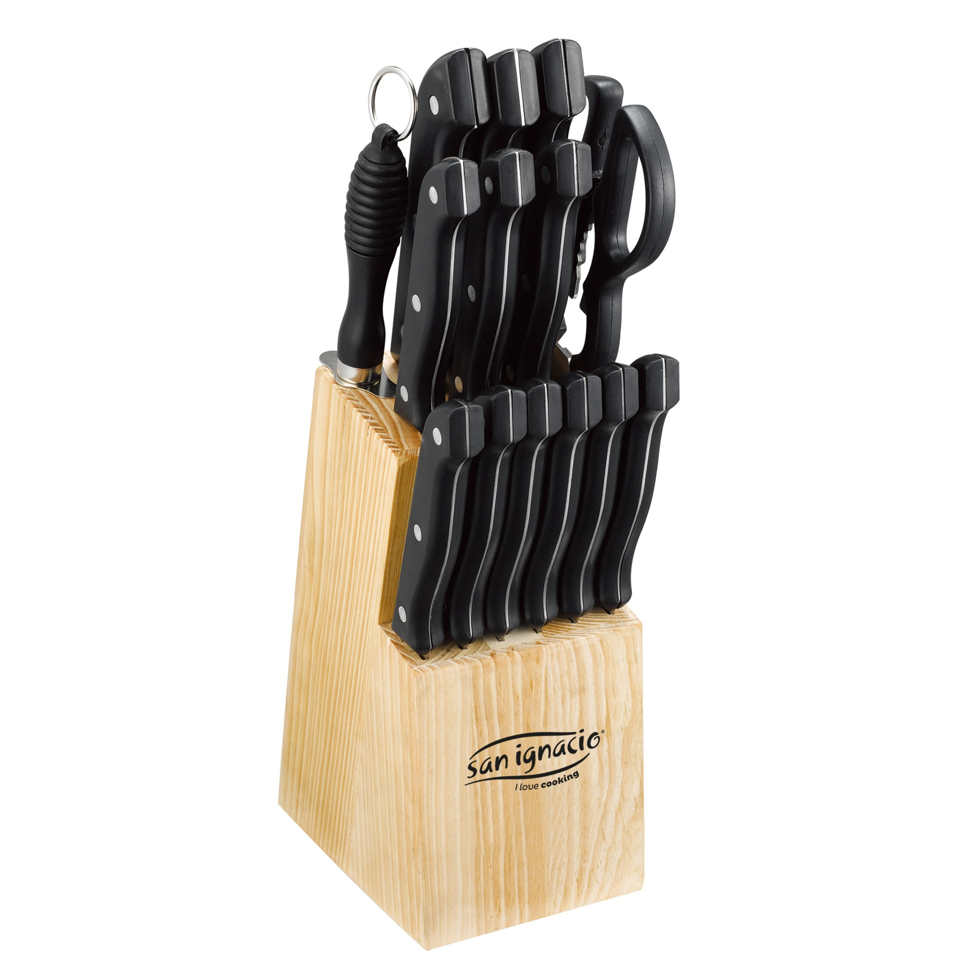 Bloque de cuchillos de madera con cuchillos negros y tijeras, logo San Ignacio.