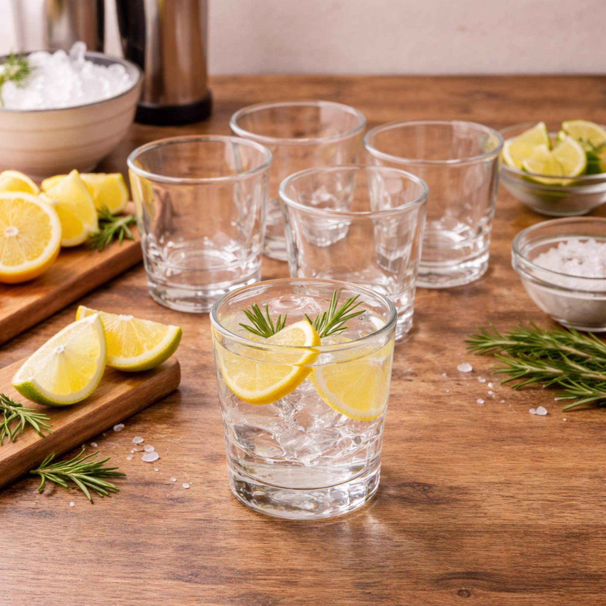 Un vaso de bebida helada con rodajas de limón y romero.