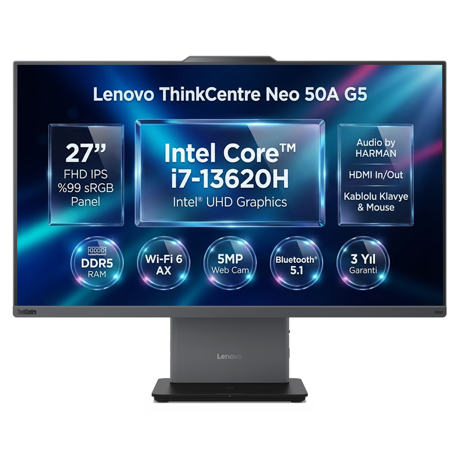 Lenovo ThinkCentre Neo 50A G5: 27 inç, Intel Core i7, DDR5 RAM, Wi-Fi 6, 5MP Kamera.