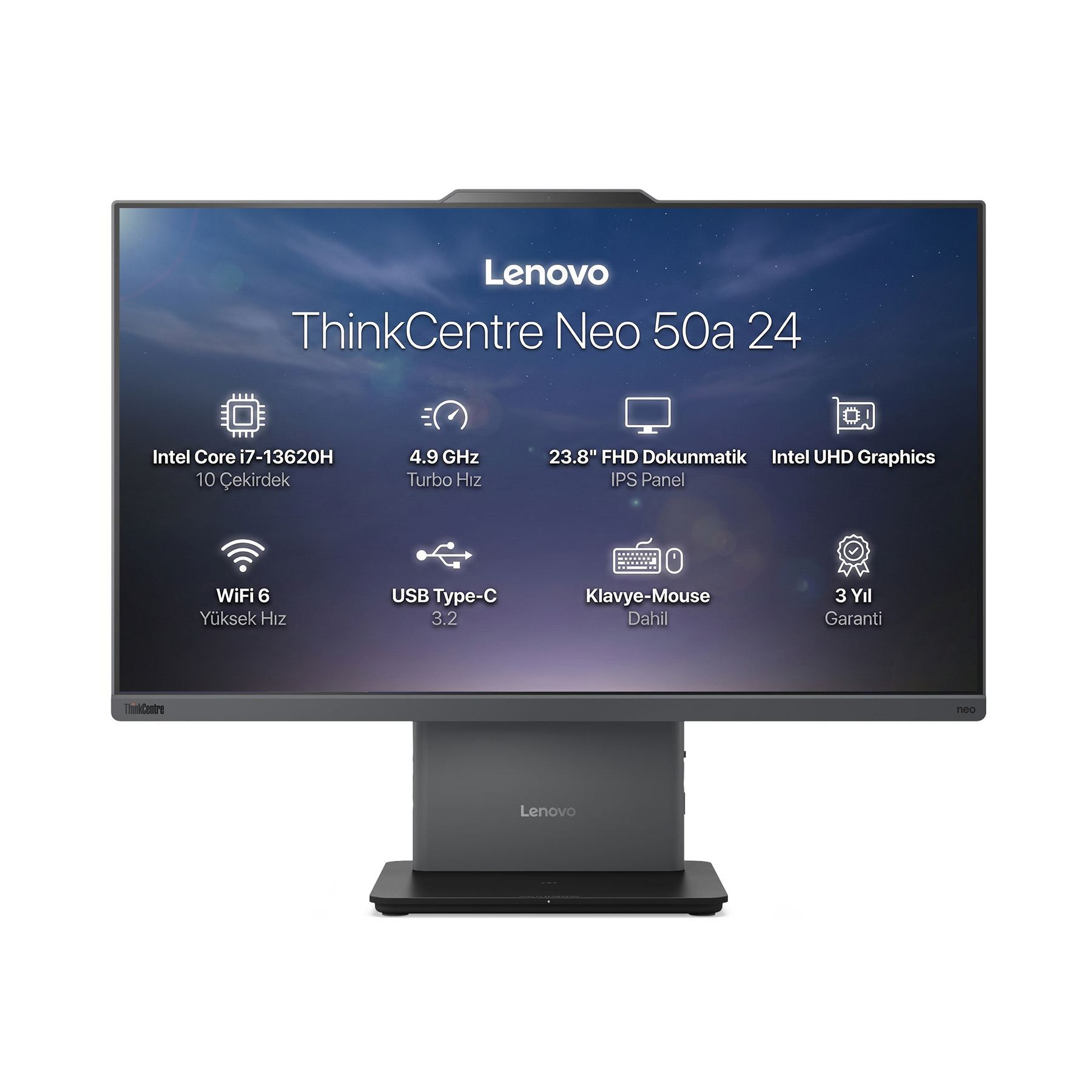 Lenovo ThinkCentre Neo 50a 24 Intel Core i7, 23.8" FHD dokunmatik ekranlı.