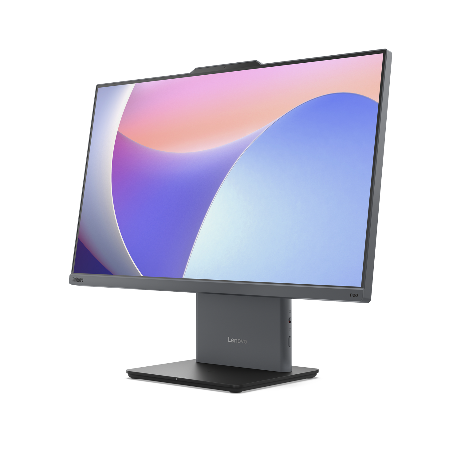 Ekranında soyut arka plan gösteren gri bir Lenovo monitör.