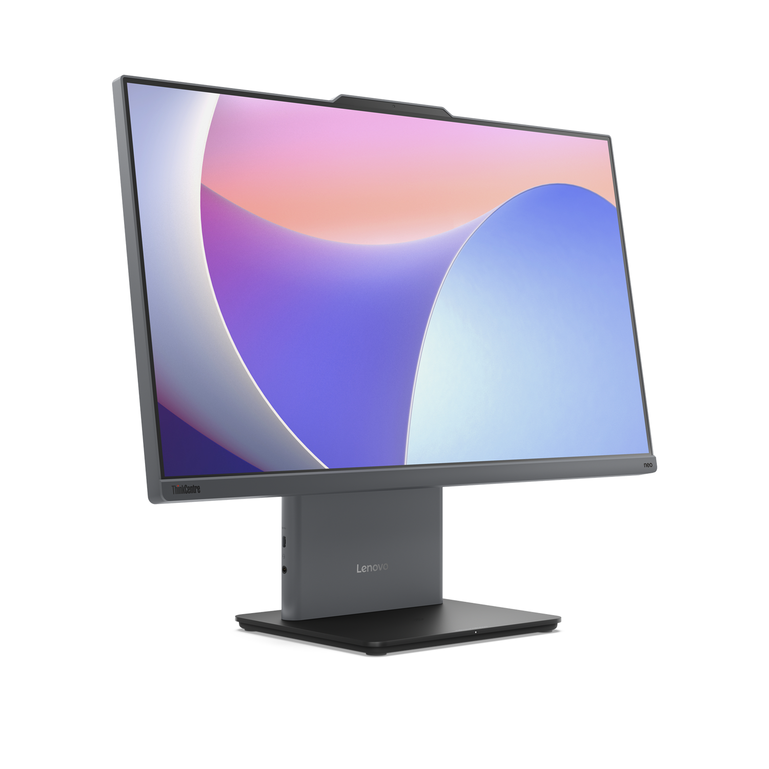 Beyaz arka plan üzerinde soyut renkli ekranı olan gri Lenovo monitör.