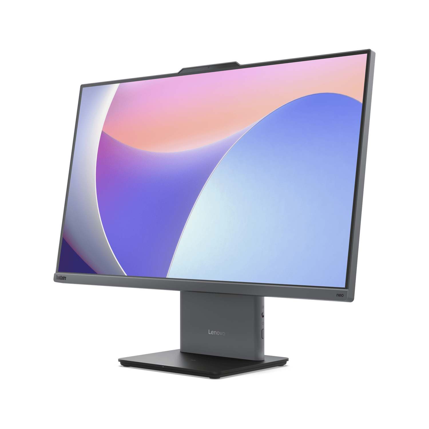 Renkli duvar kağıtlı gri Lenovo monitör siyah bir stant üzerinde duruyor.