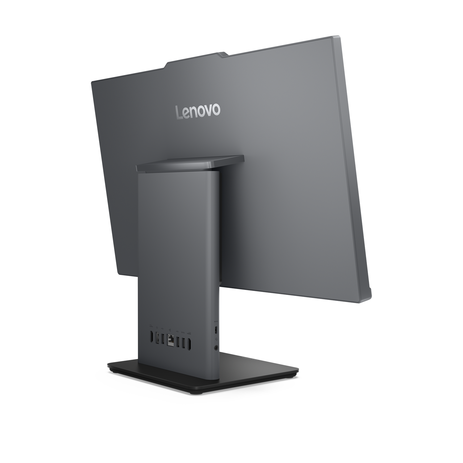 Gri Lenovo hepsi bir arada bilgisayarın arkası, tabandaki bağlantı noktaları.