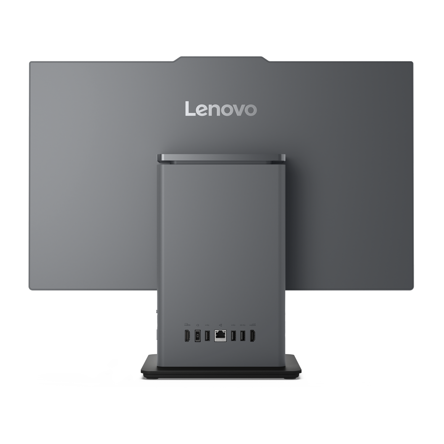 Arkada bağlantı noktalarını gösteren gri Lenovo All-in-One PC.