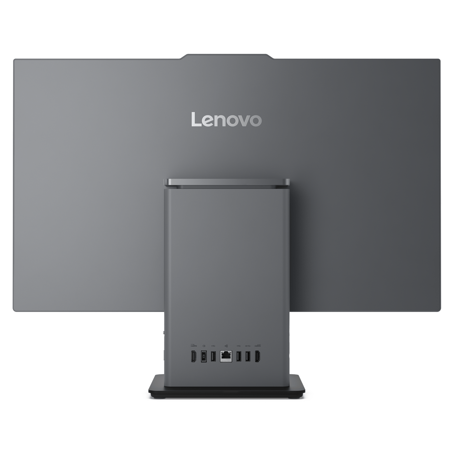 Gri Lenovo Hepsi Bir Arada bilgisayarın arkası ve bağlantı noktaları.