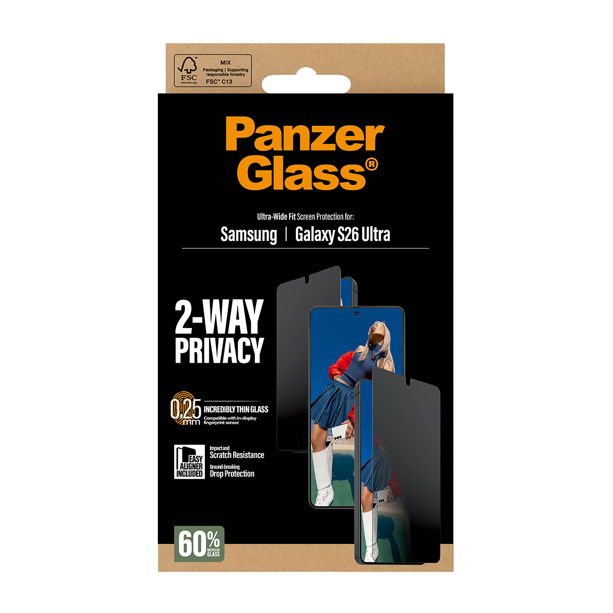 Protection d'écran Panzer Glass pour Samsung Galaxy S26 Ultra, confidentialité 2 voies, verre fin.