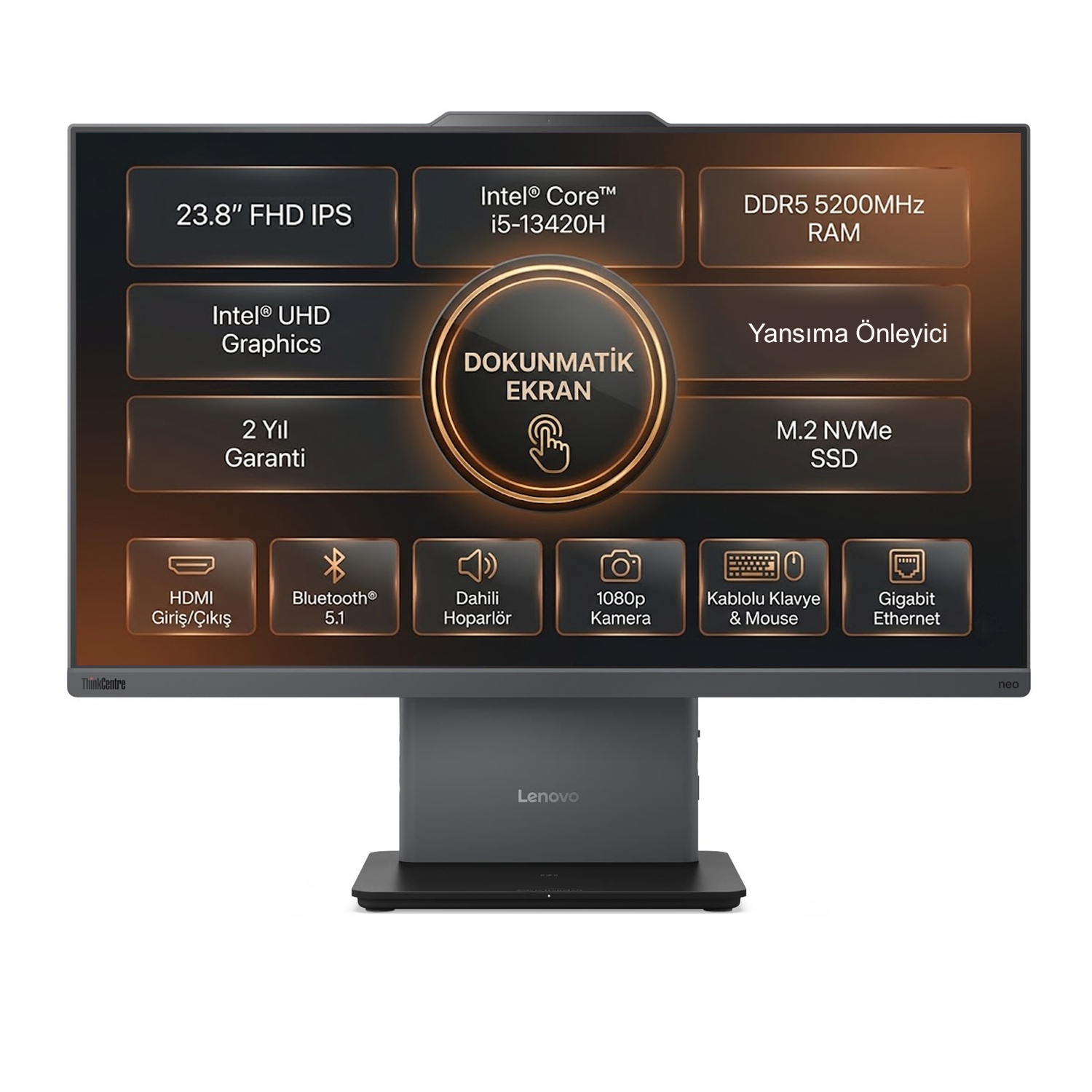 Lenovo ThinkCentre Hepsi Bir Arada PC, Intel i5, 23,8" FHD IPS dokunmatik ekran.